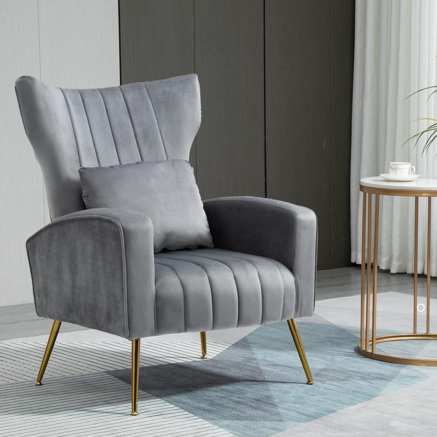 Velvet Accent Chair with Lumbar Pillow - Modern High Back Armchair with Gold Legs for Living Room, Bedroom & Vanity | Grey Barrel Chair for Cozy Seating & Home Decor
