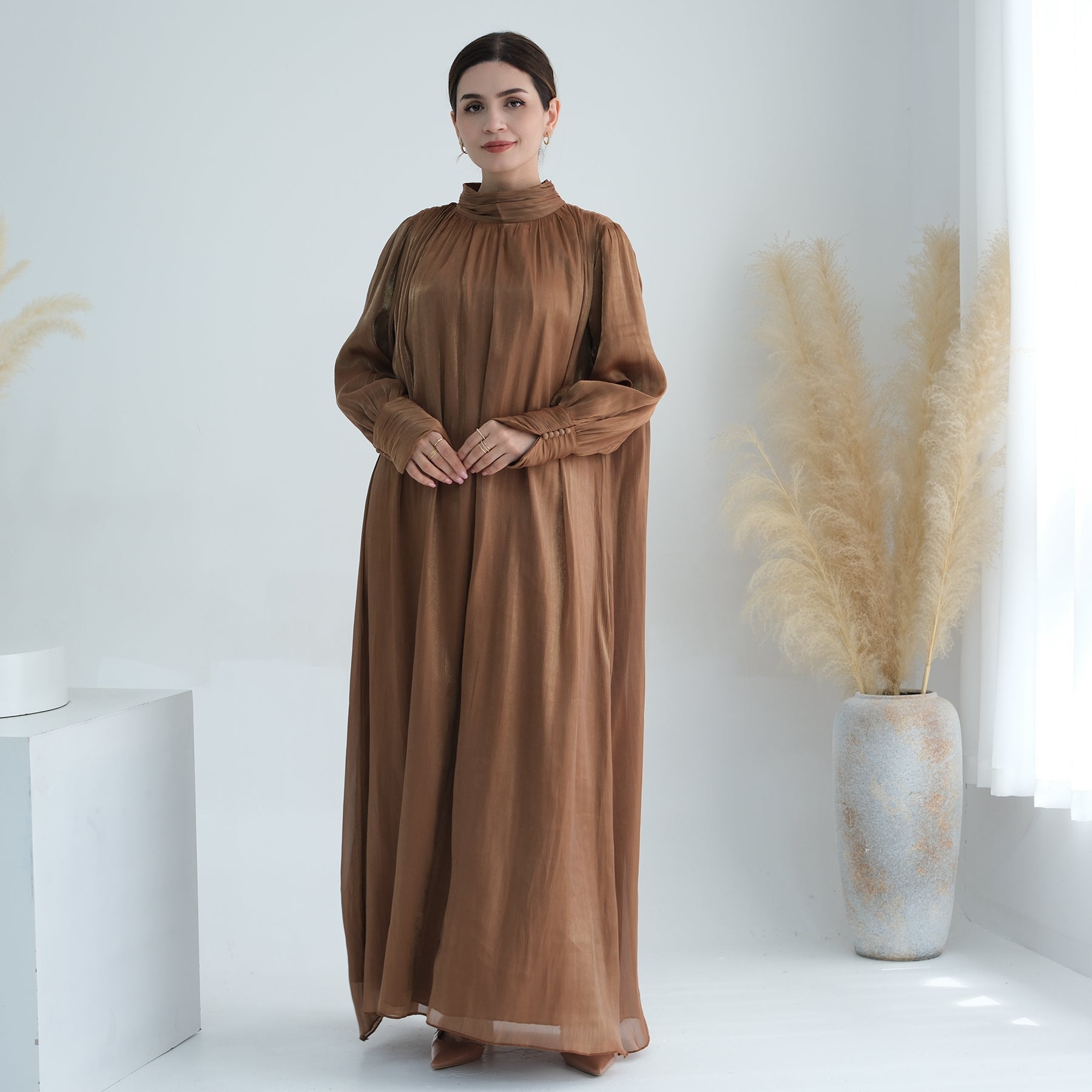Indira Sparkles Long Sleeve Maxi Dress for Women - Elegant Boho Flowy Evening Gown in Brown | Perfect for Weddings, Parties & Special Occasions