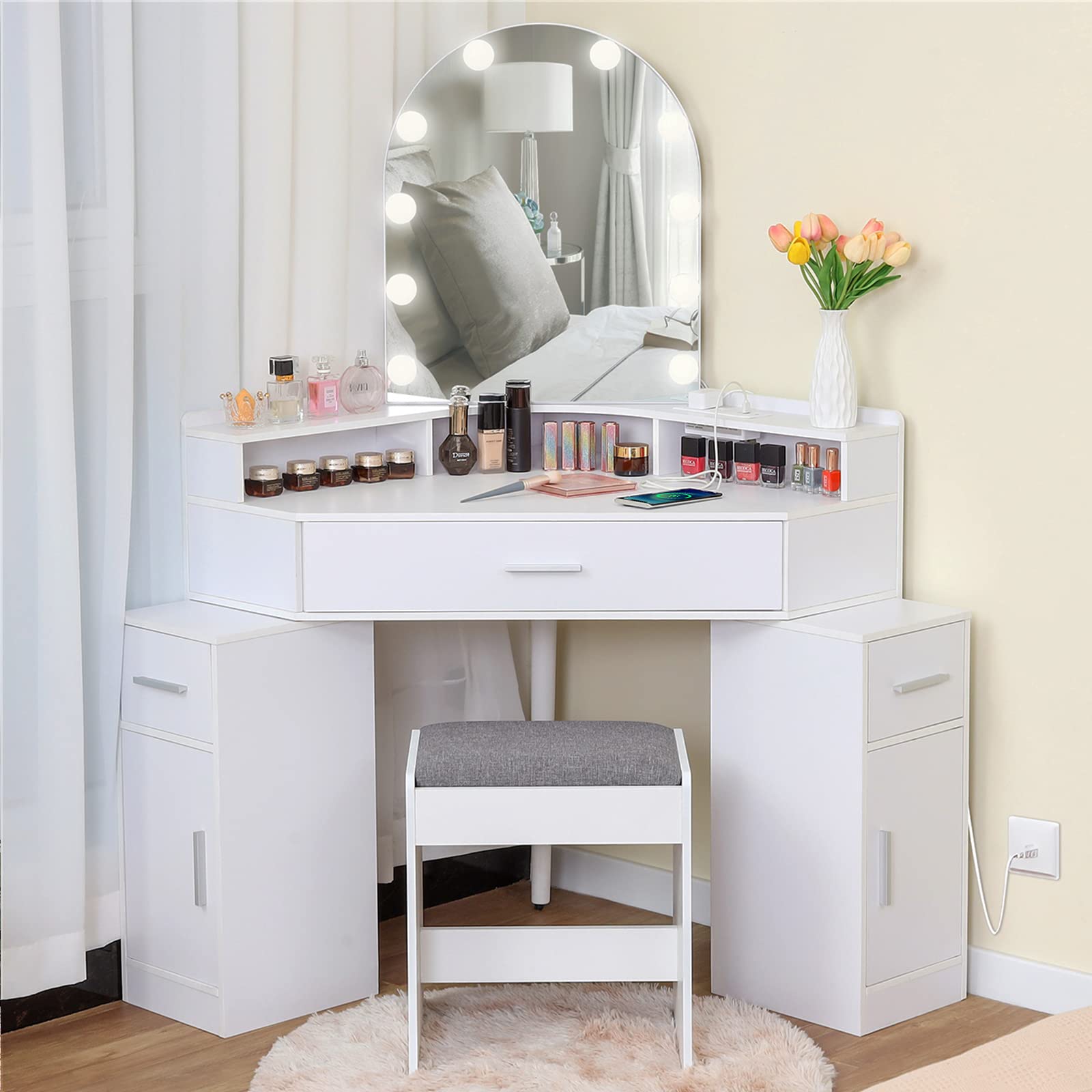 White Vanity Desk with Mirror, Lights & Charging Station - 3 Drawers, Retractable Cabinets & Cushioned Stool - Makeup Dressing Table for Bedroom, Home Office & Christmas Gifts