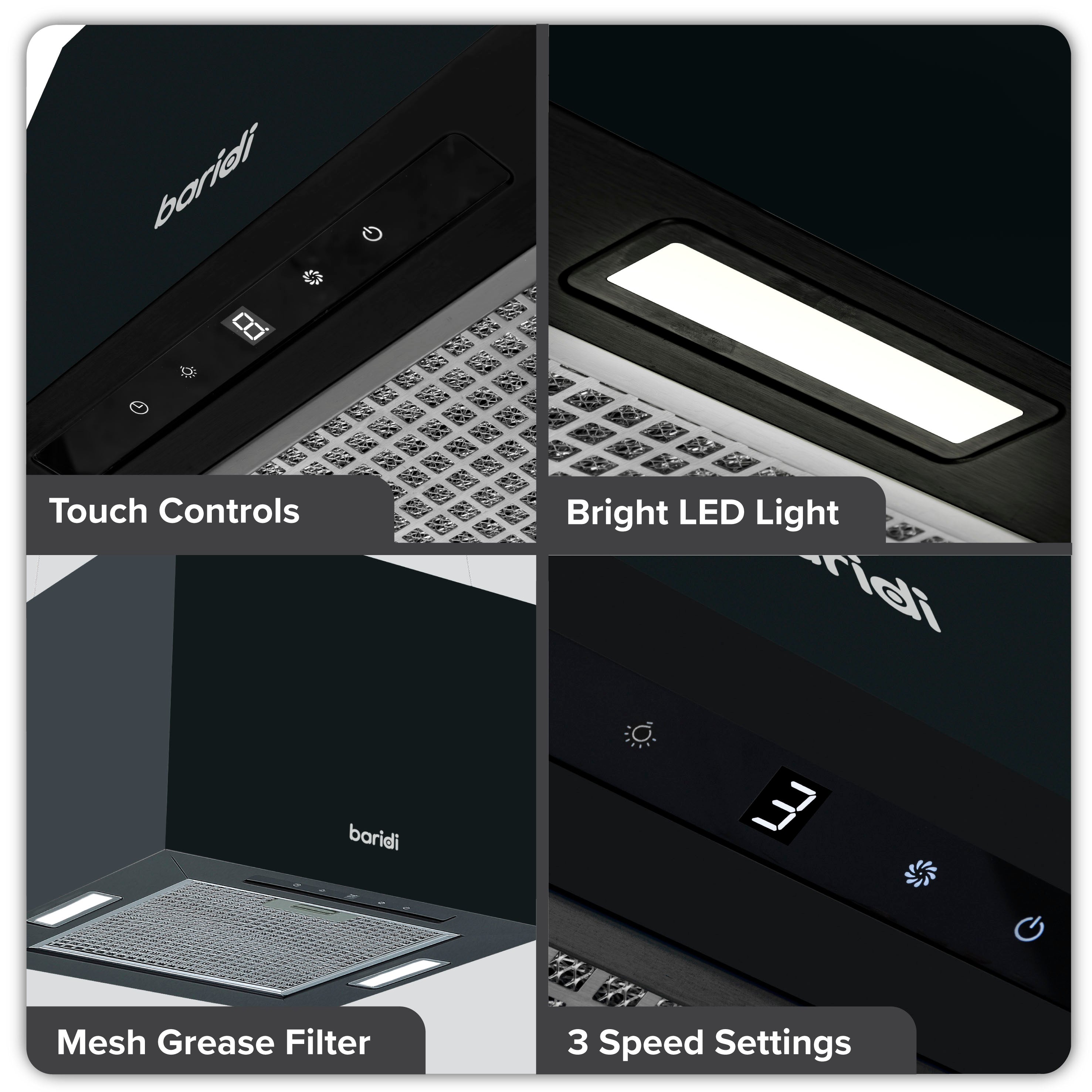 Baridi Island Cooker Hood - 40cm Square Stainless Steel Range Hood with 3 Speed Settings, Black (DH109) - Perfect for Modern Kitchens and Open-Plan Living Spaces