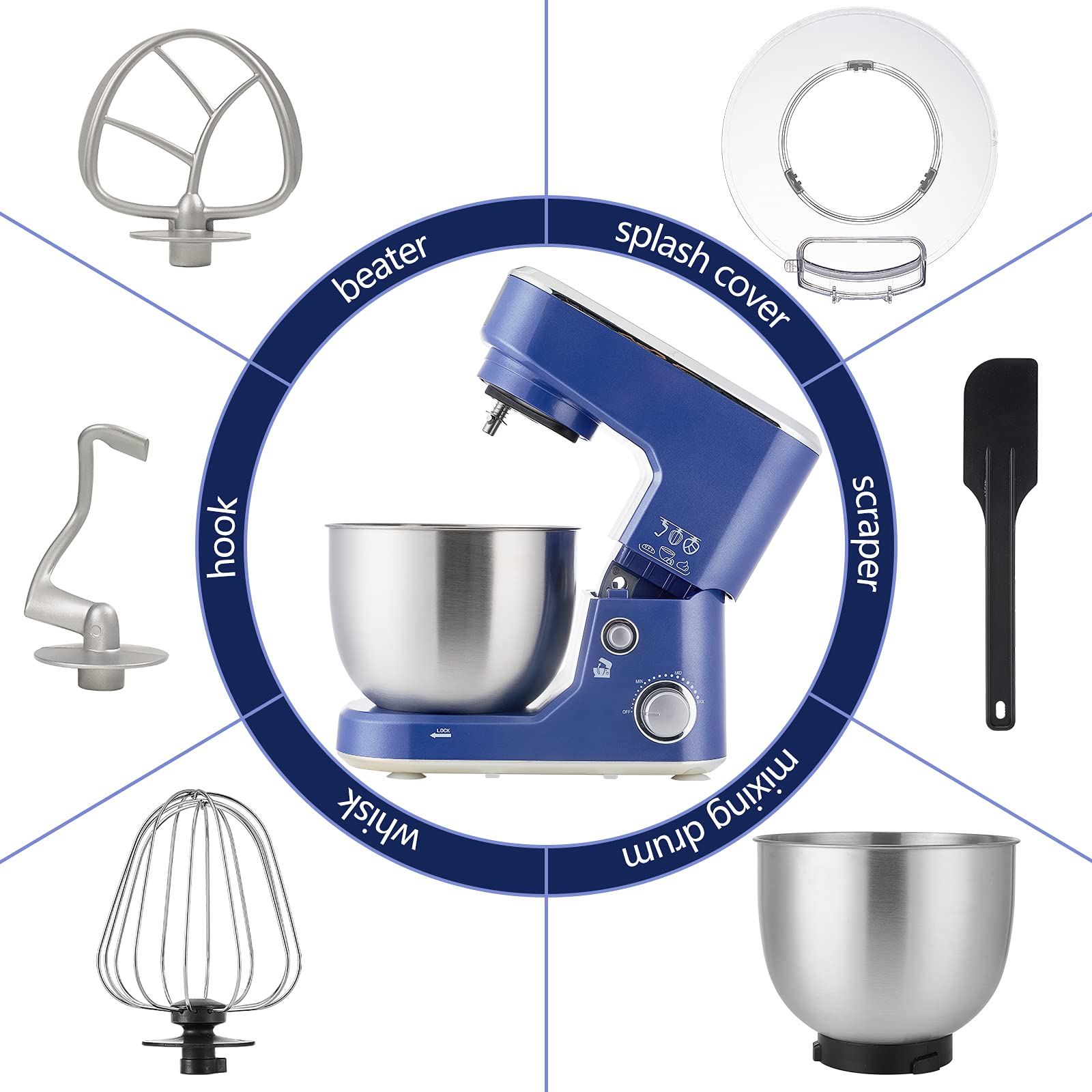 CUSIMAX 5-QT Stand Mixer with Stainless Steel Bowl - Tilt-Head Electric Kitchen Mixer Includes Dough Hook, Beater & Whisk - Splash Guard, Blue - Perfect for Baking Cakes, Cookies & Kneading Dough