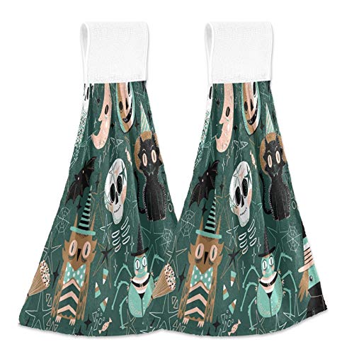 2-Pack Halloween Skull Spider Bat Hanging Kitchen Towels - Soft Coral Velvet Loop Dish Towels for Kitchen, Bathroom & Halloween Decor - Absorbent Hand Towels, Washcloths & Tie Towels for Spooky Home Decor