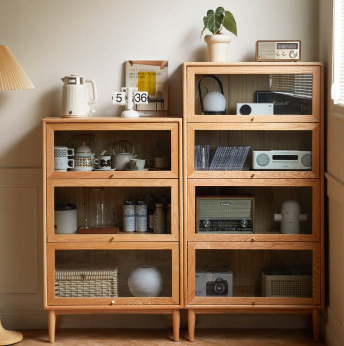 Solid Oak Wood Multi-Layer Flip Door Side Cabinet & Bookcase - Perfect for Living Room, Bedroom, and Office Storage & Organization
