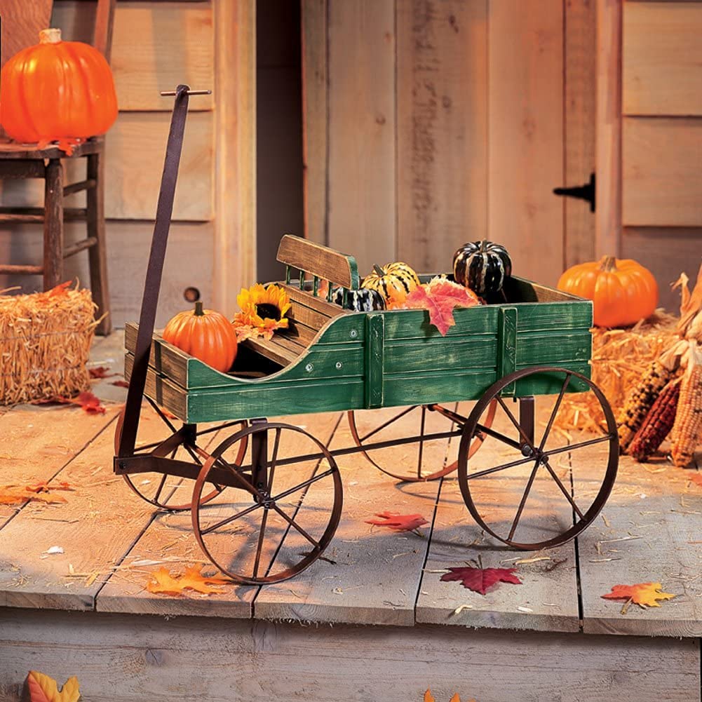 Decorative Indoor Outdoor Garden Wagon Planter - Rustic Green Plant Container for Backyard, Patio, and Home Decor