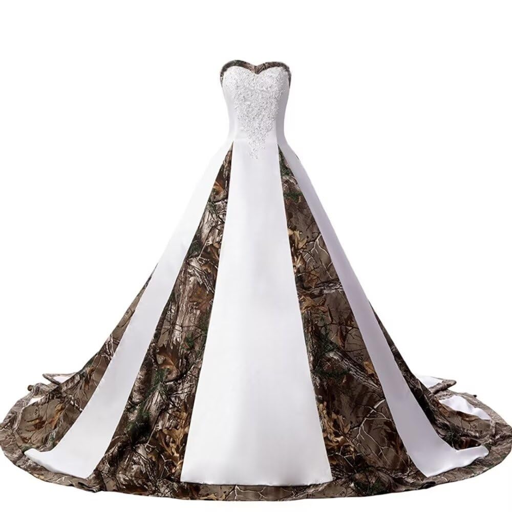 ZVOCY Women's Camouflage Wedding Dress - Satin Camo Long Formal Gown for Bride in White | Perfect for Outdoor, Military-Themed, and Unique Wedding Ceremonies