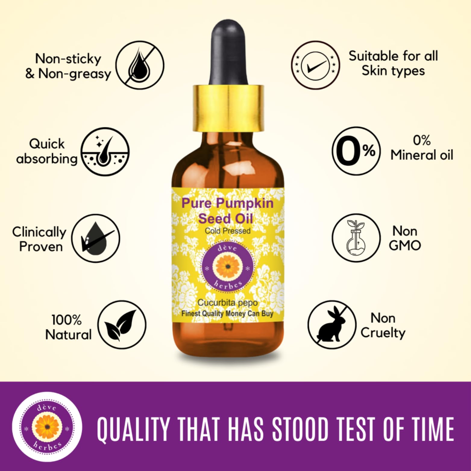 Deve Herbes Pure Pumpkin Seed Oil (Cucurbita pepo) - 100% Natural, Cold-Pressed, Therapeutic Grade - 10ml Bottle for Hair Growth, Skin Care & Prostate Health