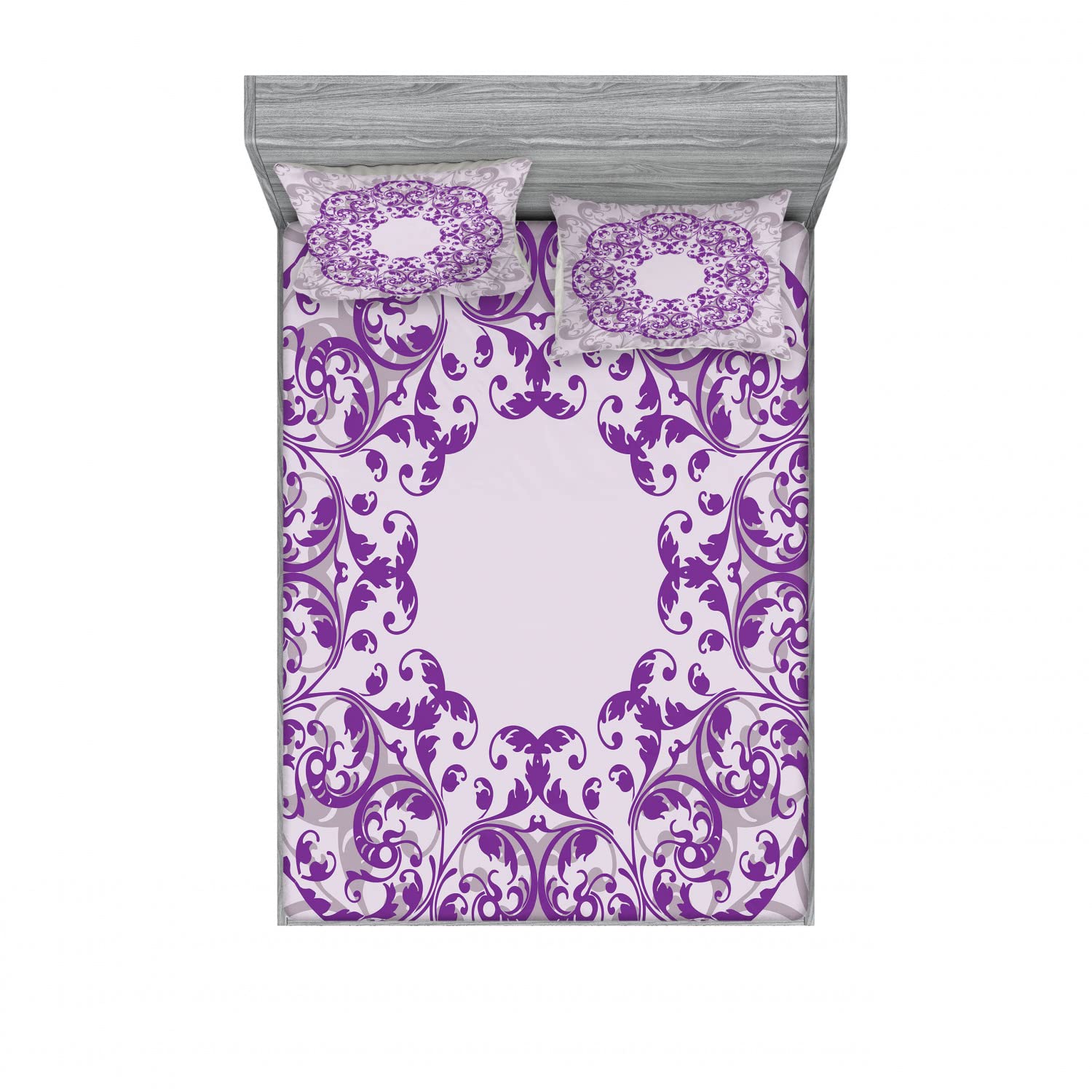Ambesonne 2-Piece Full Size Fitted Sheet Set with 4 Pillow Shams - Purple Mandala Pattern, Oval Frame Design in Mauve Taupe Violet - Soft Bedding Decor for Guest Rooms, Dorms & Bohemian Style Bedrooms