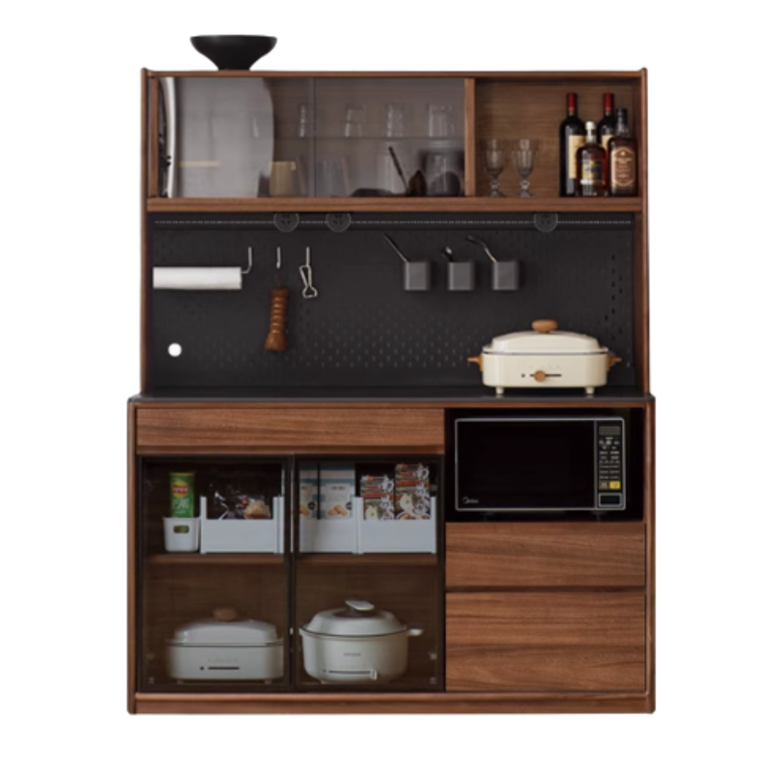 59.1x15.7x73.2  inch / 150x40x186.5 сm / Rich Dark Walnut color / South American walnut Sideboard  + upper shelf +Bull Rails