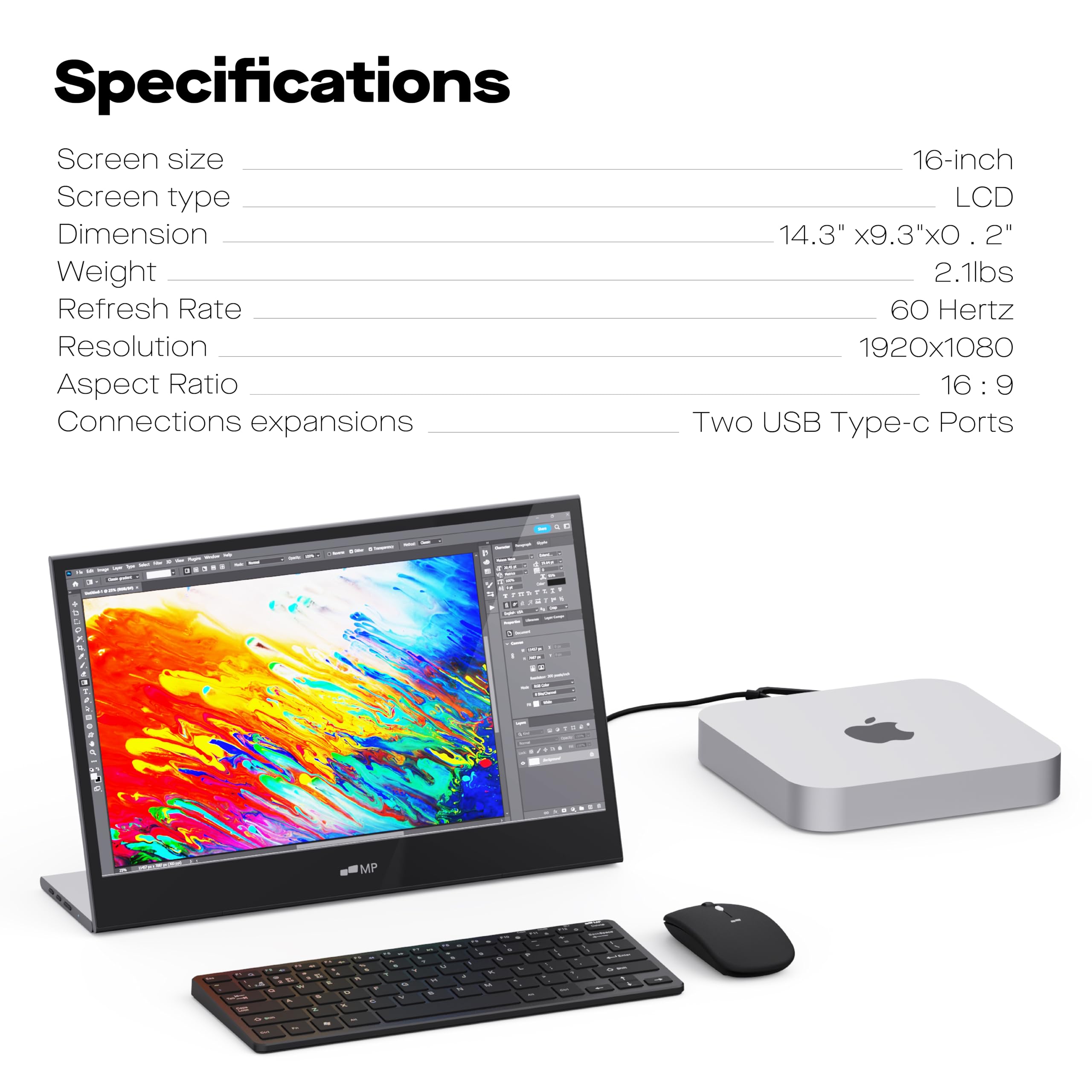 16 Inch 1080P FHD Portable Monitor - MP Mobile Pixels Glance Laptop Screen Extender with USB-C/HDMI, Dual Speakers for MacOS/Windows/DeX | Perfect for Remote Work, Gaming & Travel
