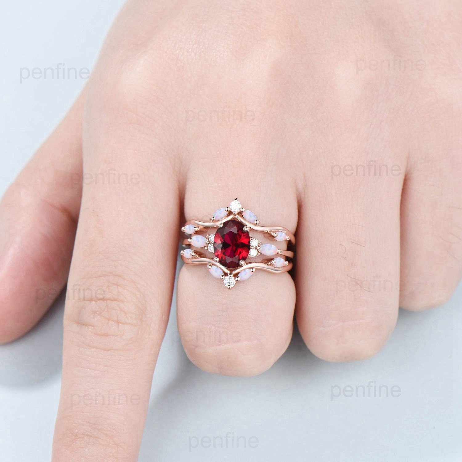 Vintage Oval Ruby Engagement Ring Set - Marquise White Opal Wedding Band with Double Curved Lab Ruby & Moissanite Stacking Bridal Jewelry for Women | Perfect for Proposals, Anniversaries & Special Occasions