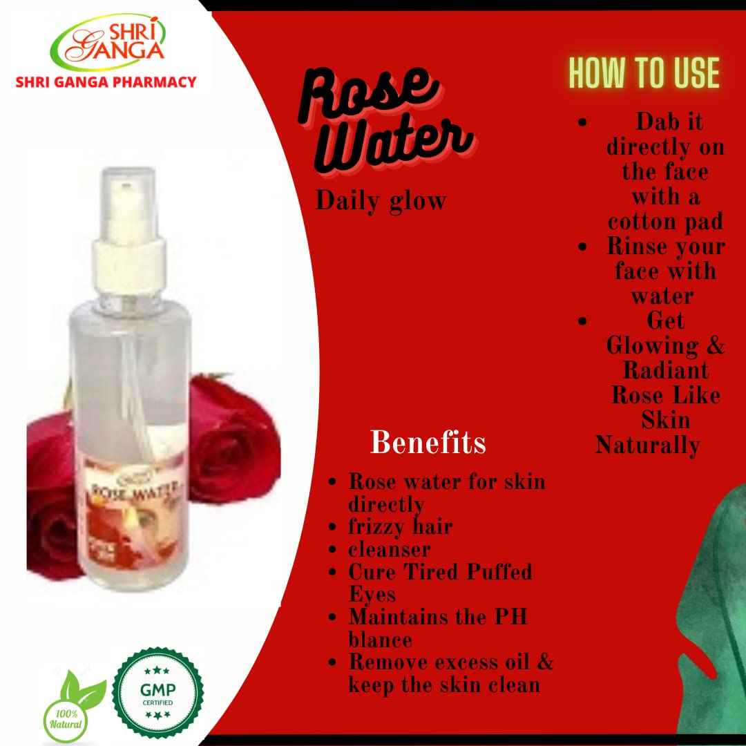 Shri Ganga Pure Rose Water 100ml (Pack of 5) - Natural Face Toner & Hydrating Mist for Skin Care, Aromatherapy & Hair Treatment
