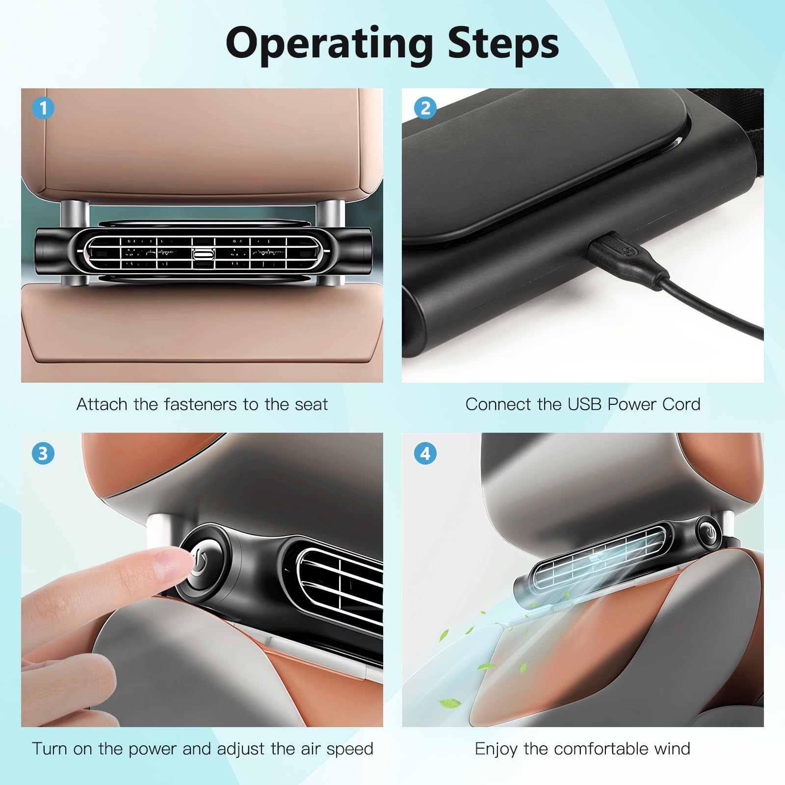 Keweis USB Car Seat Cooling Fan - 3 Speed Adjustable Headrest Fan for Front & Rear Seats, Portable Vehicle Fan for SUV, RV, Trucks - Perfect for Summer Road Trips & Hot Weather Commuting (Black)