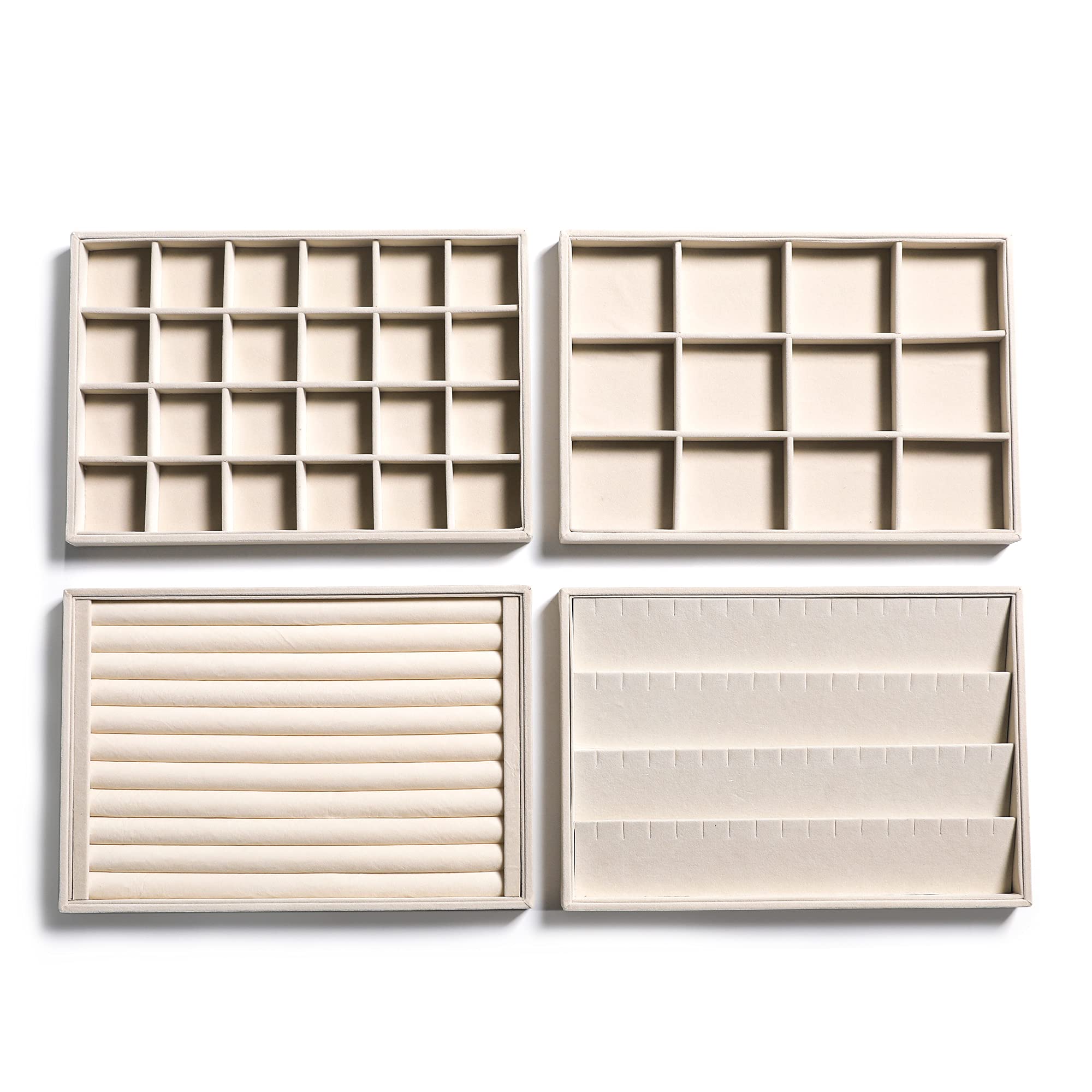 Frebeauty Stackable Velvet Jewelry Organizer Trays - 4-Piece Set for Earrings, Bracelets, Necklaces & Rings | Drawer Inserts & Display Case | Beige Velvet Storage Solution for Women & Girls | Perfect for Bedroom, Closet & Travel Organization