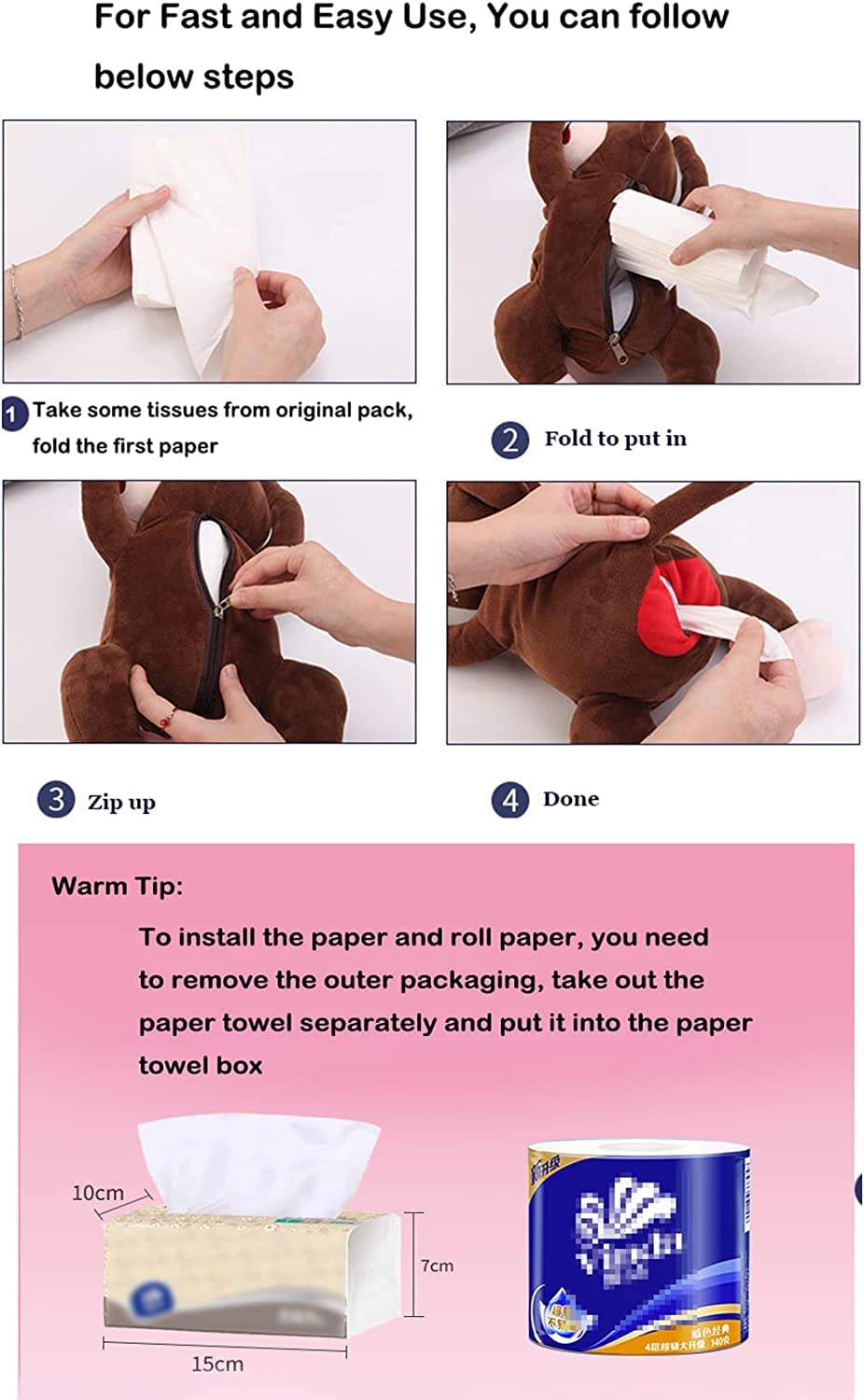 Plush Elephant Tissue Box Cover - Soft Decorative Tissue Holder for Car, Home, Bathroom Vanity, Nightstand & Office Desk - Cute Bunny Design - Perfect for Nursery, Living Room & Gift Giving