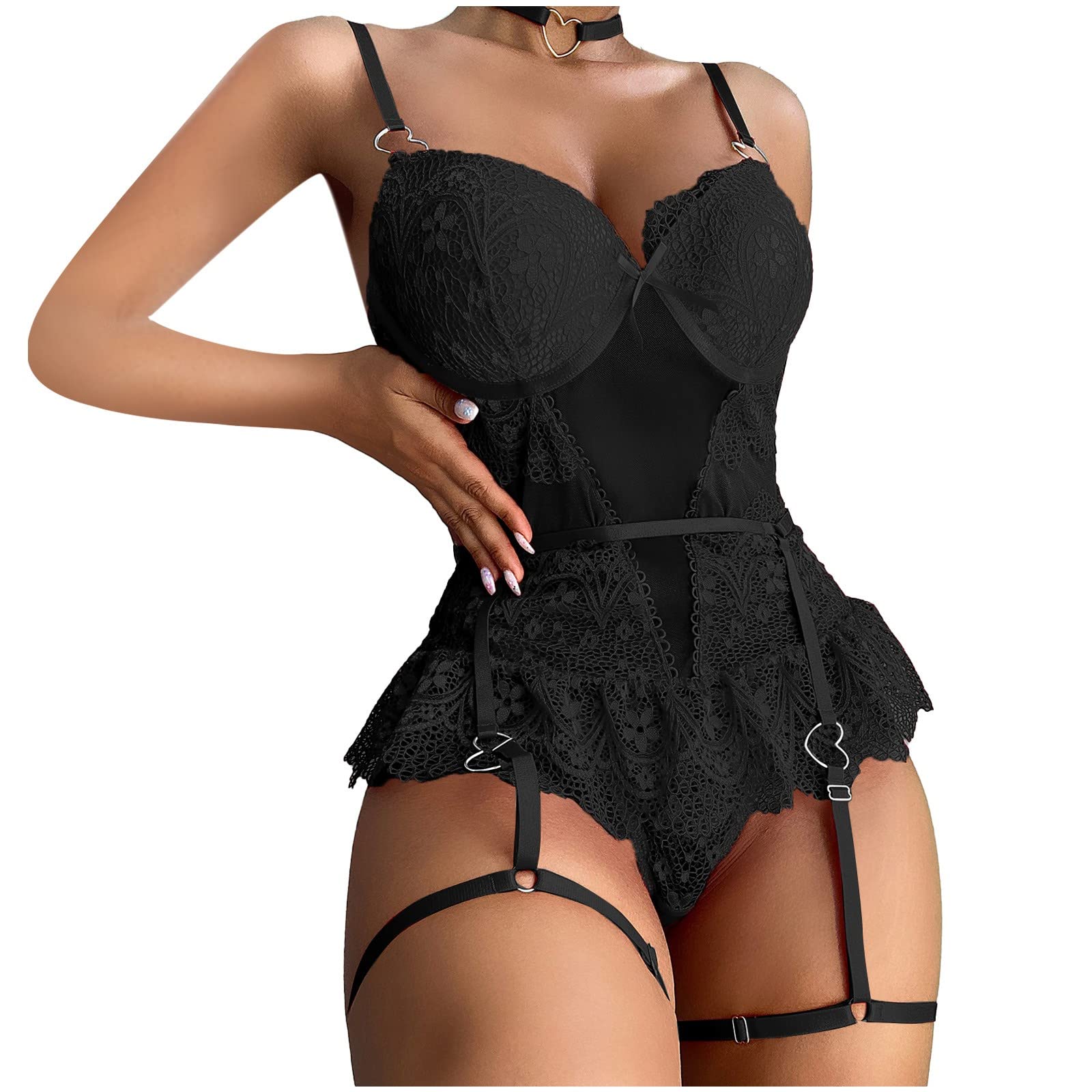 Sexy Lace Lingerie Set for Women - Black Romper Jumpsuit with Stockings (Size S) | Valentine's Day Gift, Bridal Shower, Boudoir Photo Shoot, Romantic Nightwear