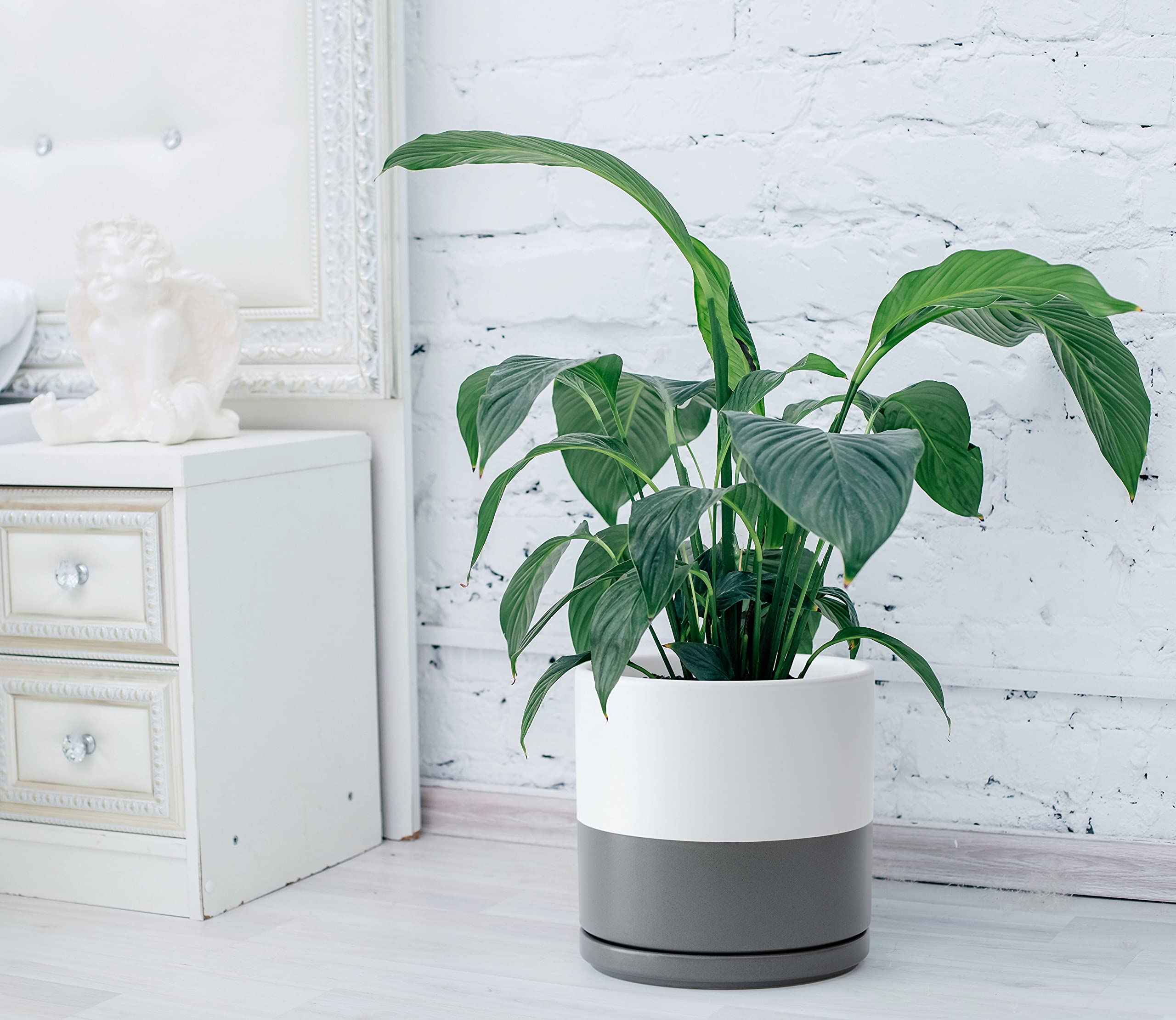 10 Inch Ceramic Planter Pot with Drainage Hole & Saucer - Indoor Cylinder Round Flower Pot for Plants, White/Speckled Grey - Perfect for Home Decor, Office Desk, Living Room & Garden Plant Display