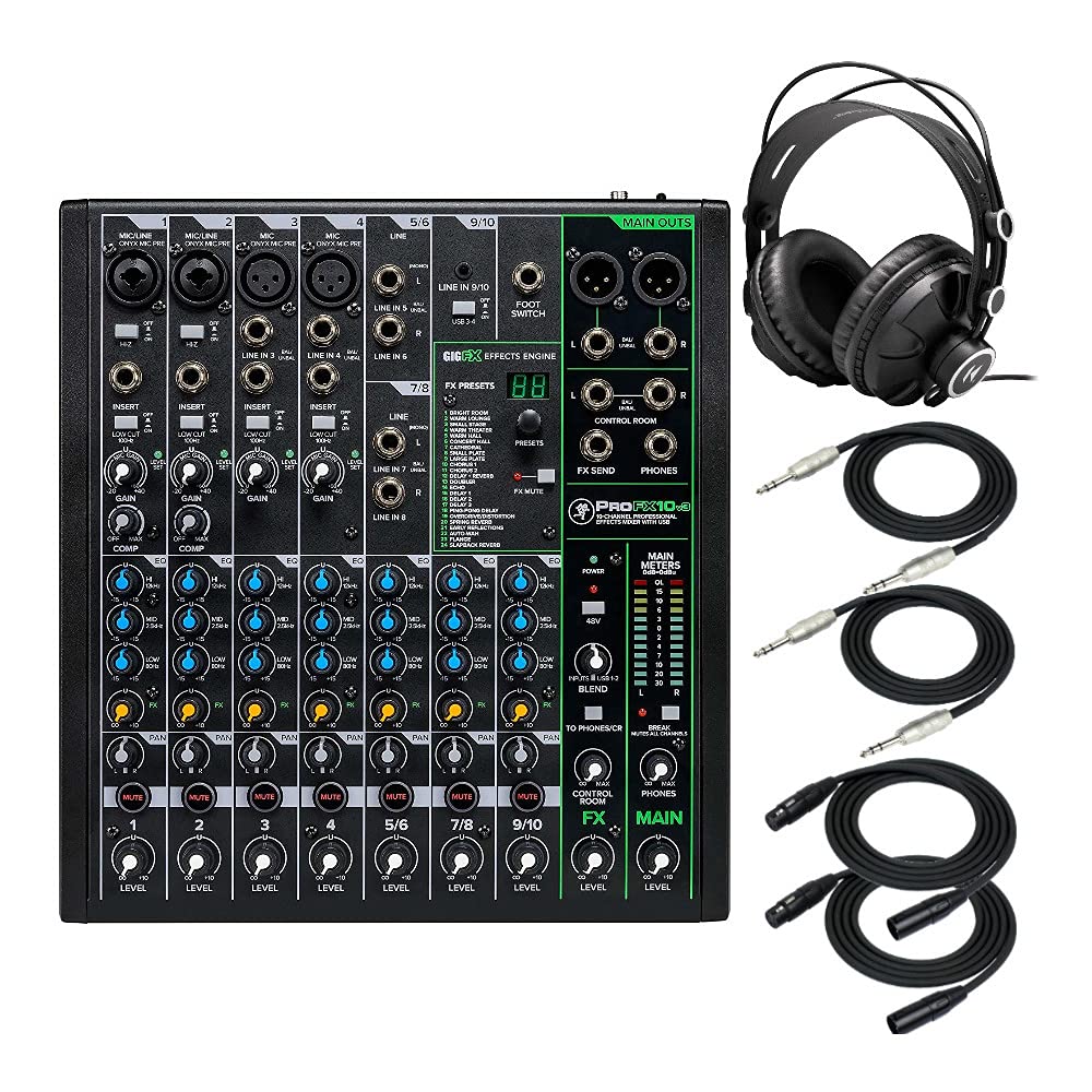 Mackie ProFX10v3 10-Channel USB Mixer with Effects - Unpowered Audio Mixer Bundle with TX-100 Studio Headphones, TRS & XLR Cables (6-Piece Set) for Live Sound, Podcasting & Home Recording