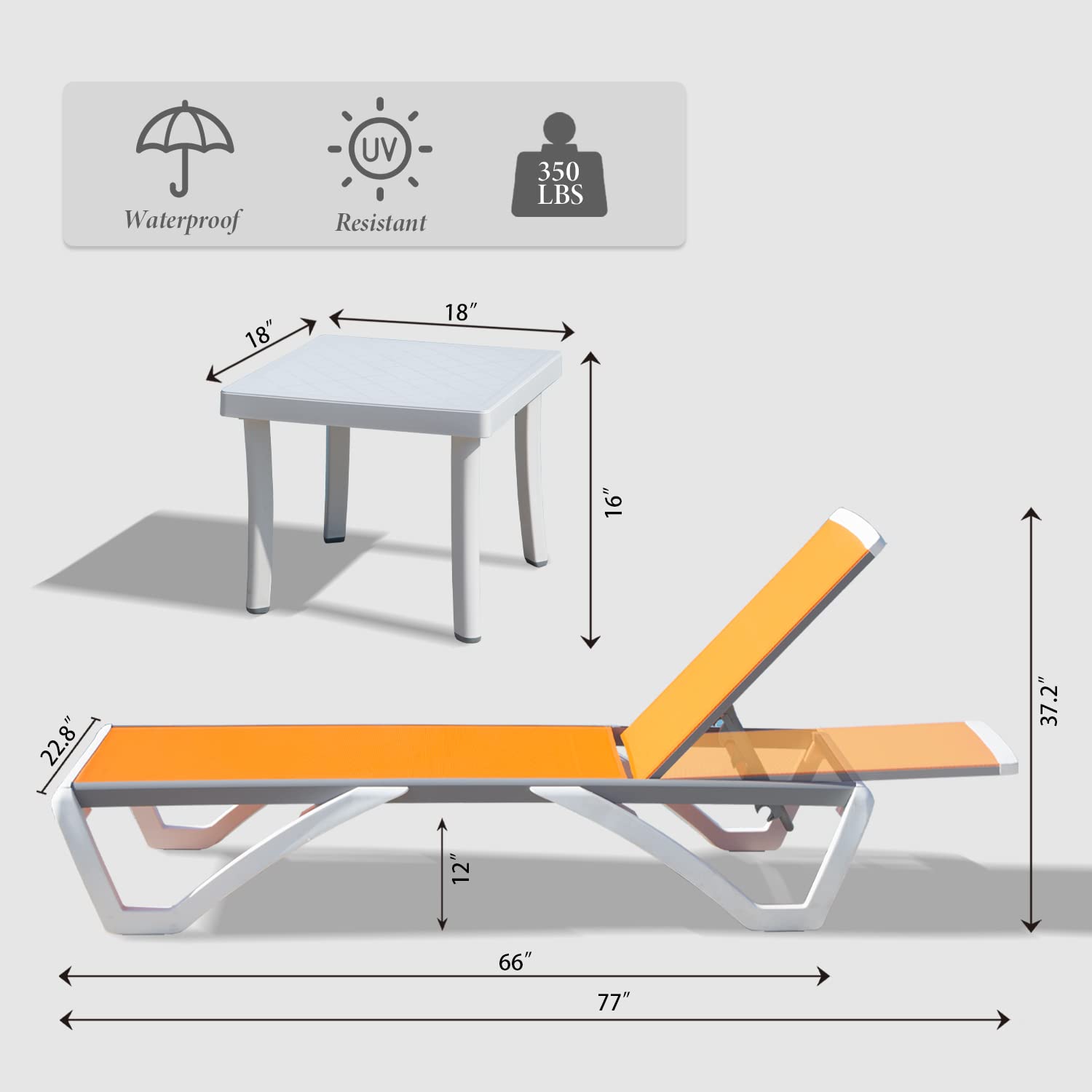 Premium Adjustable Aluminum Pool Lounge Chair - All-Weather Textilene Outdoor Chaise with Side Table - Perfect for Poolside, Deck, Lawn & Backyard Relaxation (Orange)
