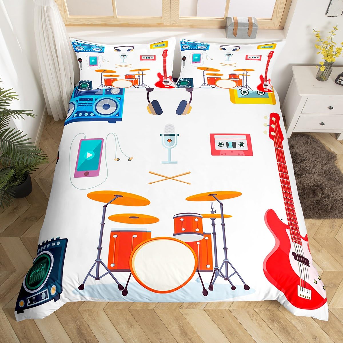 Boys Electric Guitar Bedding Set Full Size, Music Notes & Instruments Comforter Cover, Drum Kit Design for Kids, Girls, Teens, Hip Hop Style Duvet Cover with Speakers & Microphone, Perfect for Youth Bedrooms & Music-Themed Decor