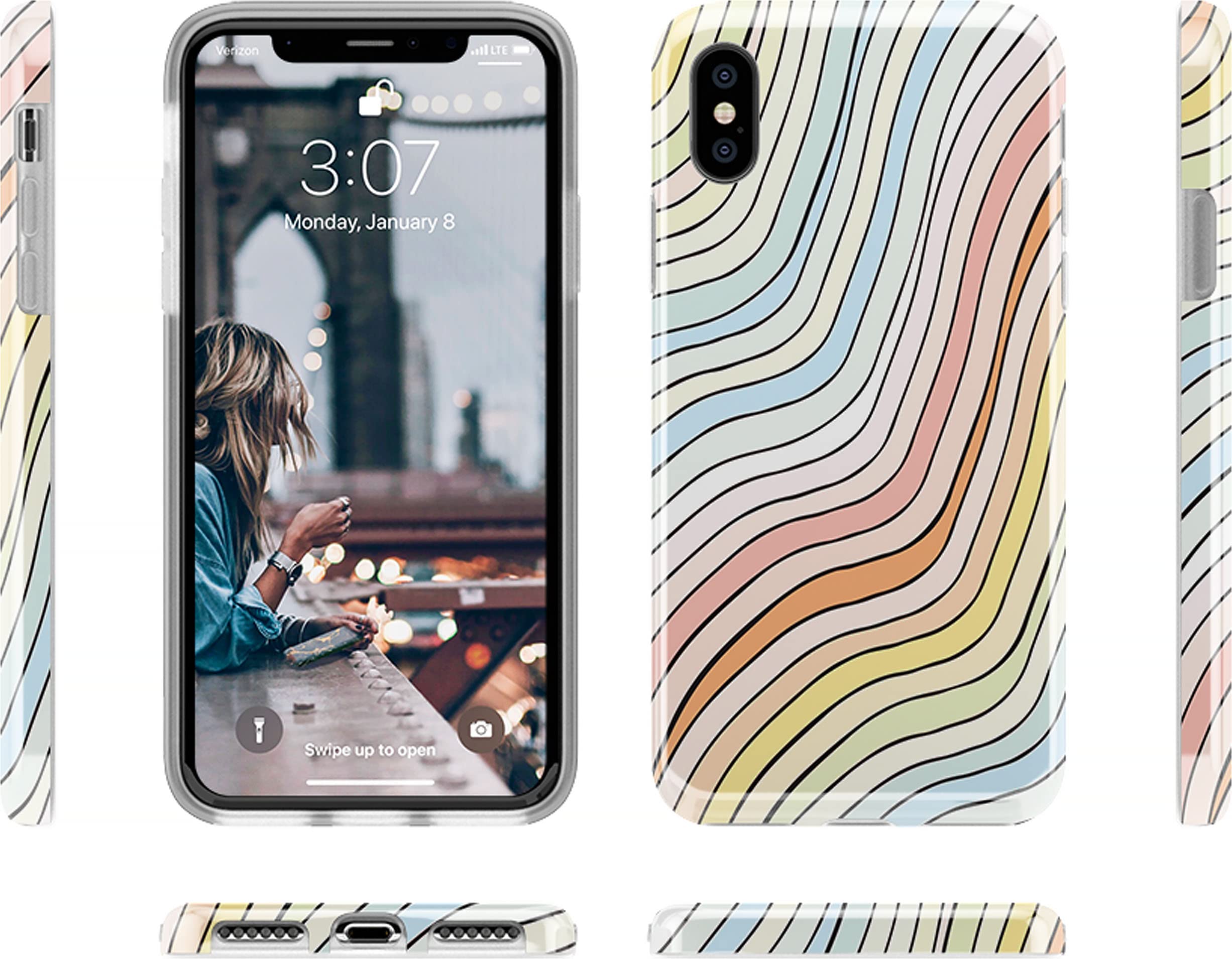 Casely iPhone X/XS Case - Pastel Rainbow Lined Protective Cover with Wave Design | Trendy Slim Fit Shockproof Phone Case for Women & Girls | Perfect for Beach, Summer & Everyday Use