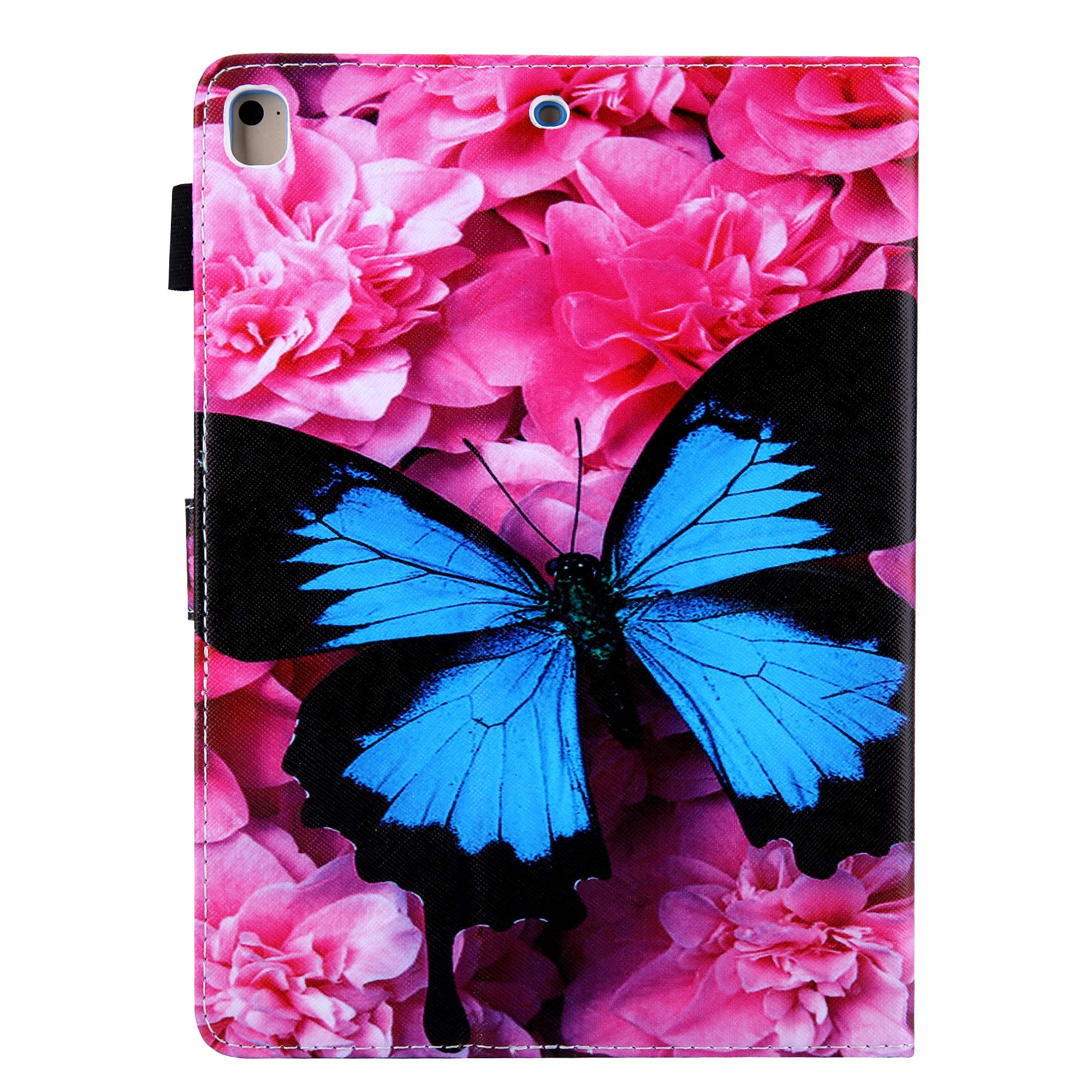 Premium PU Leather Smart Case for Apple iPad 9.7 (2018/2017 iPad 6th/5th Gen, iPad Air 2/Air 1) - Auto Sleep/Wake, Pencil Holder & Stand - Blue Butterfly Flower Design - Perfect for Work, School & Travel