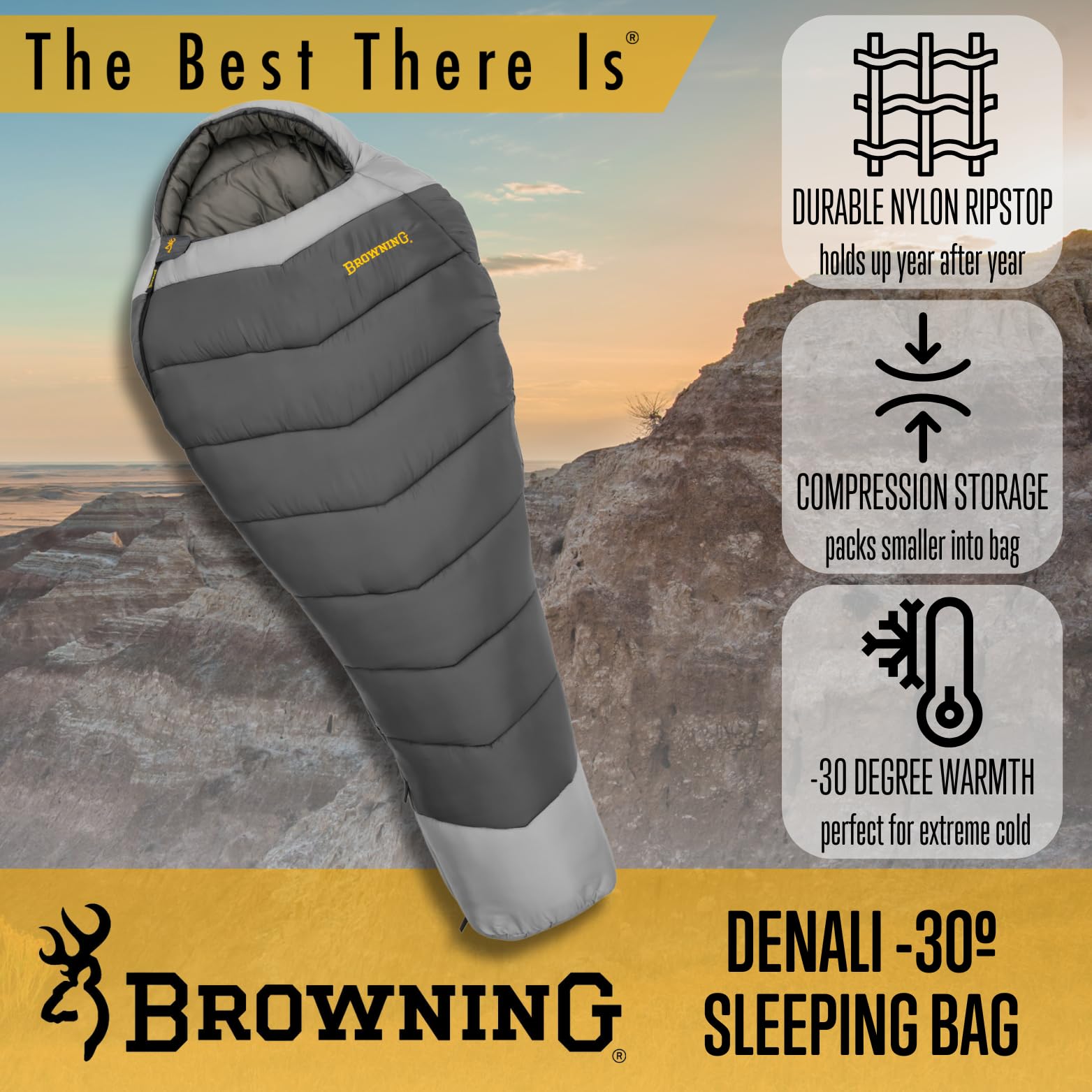Browning Camping Denali -30°F Extreme Cold Weather Mummy Sleeping Bag for Adults - Lightweight, Water-Resistant, Charcoal/Gray - Perfect for Winter Camping, Backpacking & Outdoor Adventures