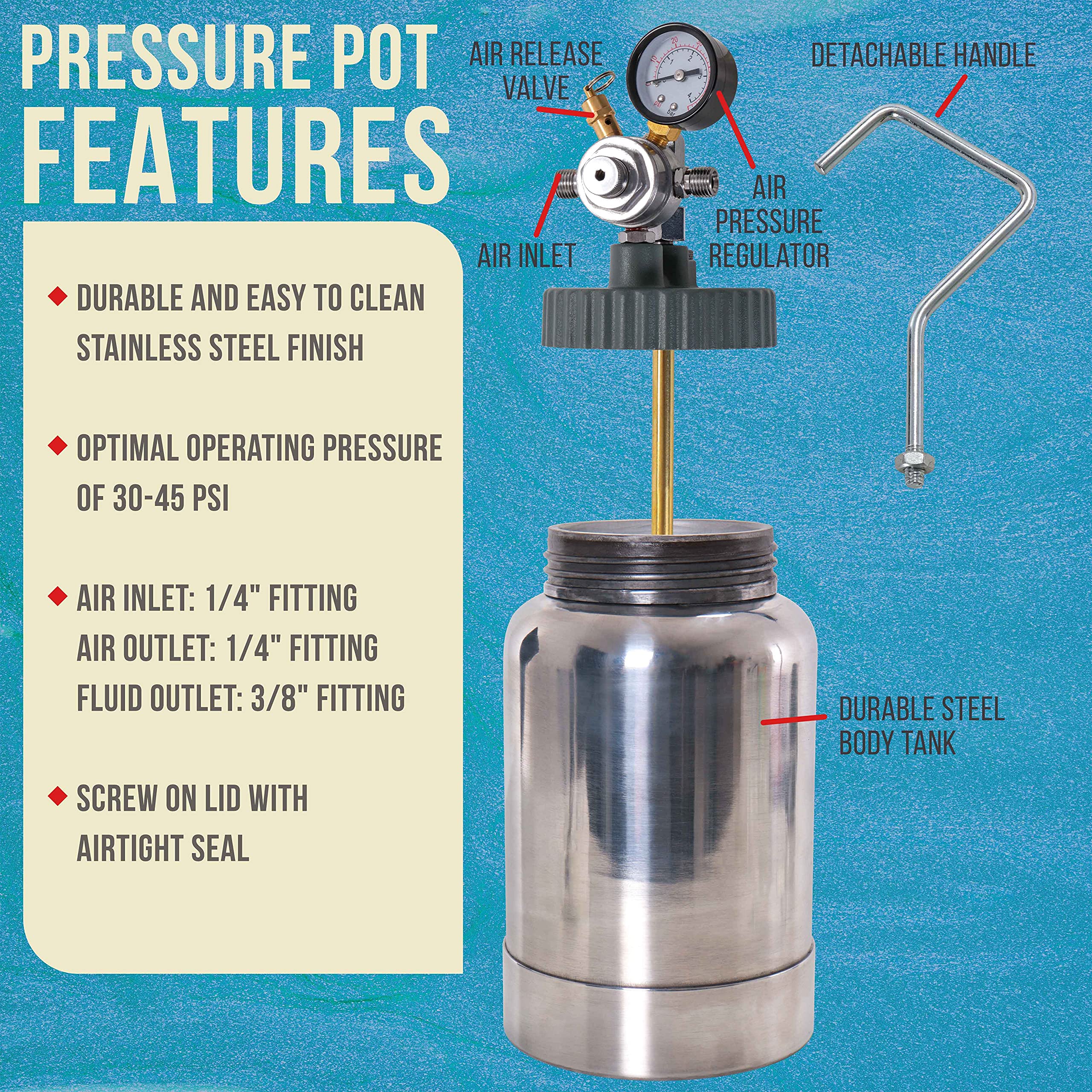 TCP Global 2 Quart Spray Paint Pressure Pot Tank with Master Elite 55 Series HVLP Spray Gun - 1.2mm Tip & 6' Air/Fluid Hose - Professional Automotive, Woodworking & DIY Painting Tool for Home Projects & Industrial Use