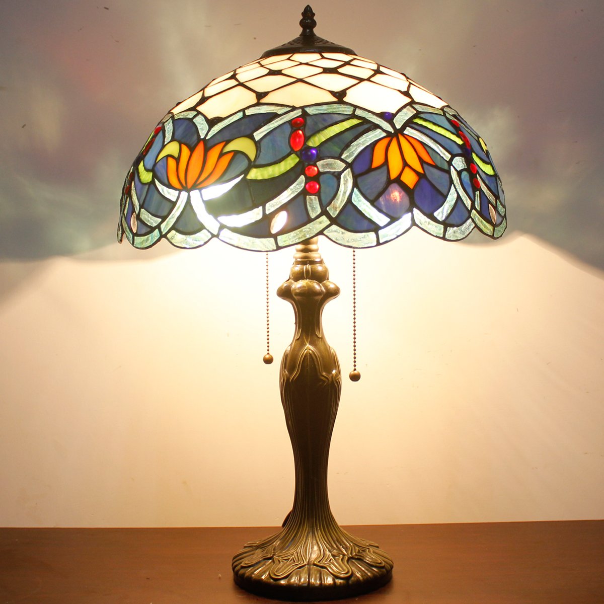 Tiffany Style Stained Glass Table Lamp - Blue Lotus Design, 16x16x24 Inches, Metal Base for Bedroom, Living Room, Home Office (S220 Series) | Perfect for Reading, Nightstand Decor & Cozy Ambiance Lighting