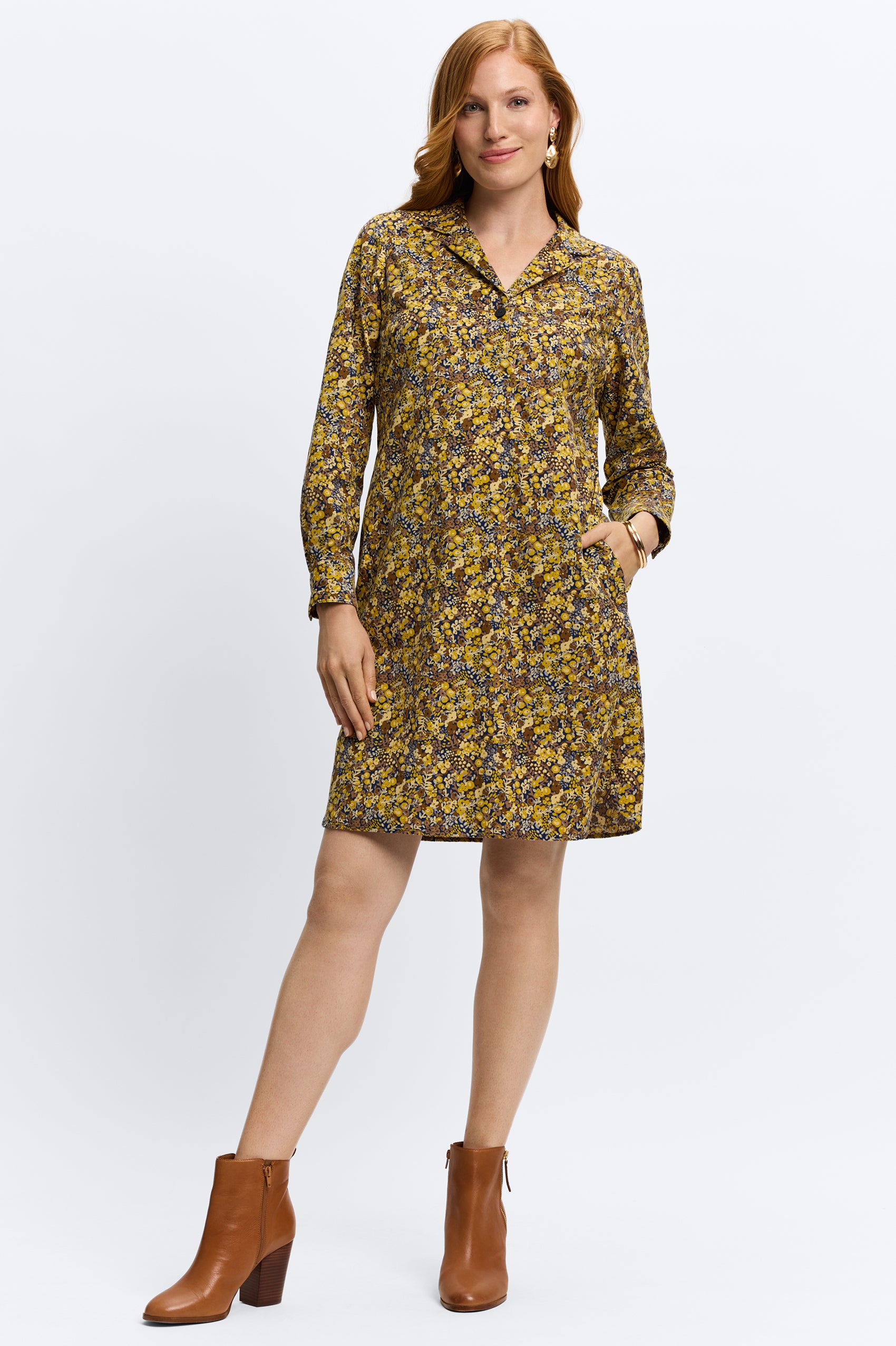 Sloane Ditsy Floral Corduroy Long Sleeve Dress for Women - Vintage Boho Style Midi Dress with Pockets - Perfect for Fall, Date Night & Casual Outings