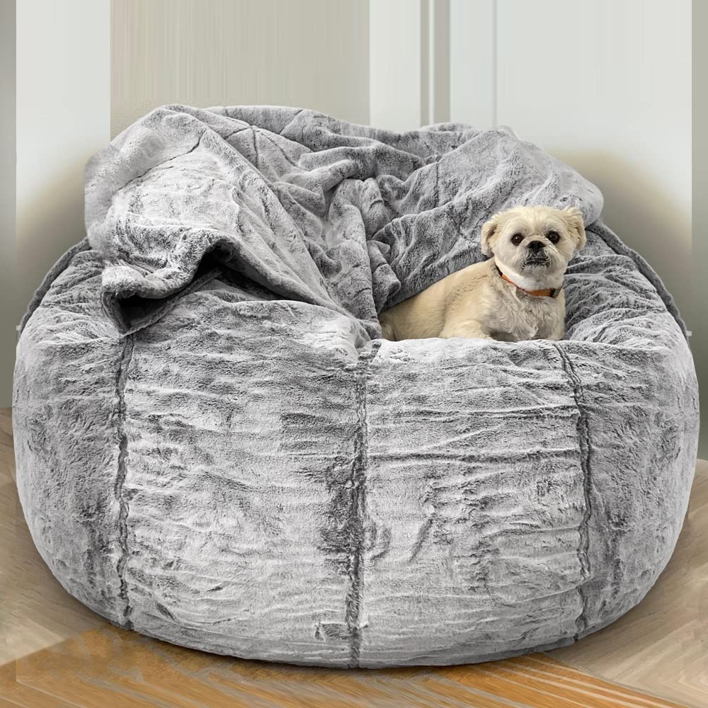 6.5ft Giant Fluffy Velvet Bean Bag Chair Cover - No Filler Round Floor Pouf Sofa Bed for Living Room, Bedroom, Game Room & Dorm - Soft Sac Cover for Relaxing, Lounging & Gaming (200cm, Multiple Colors)