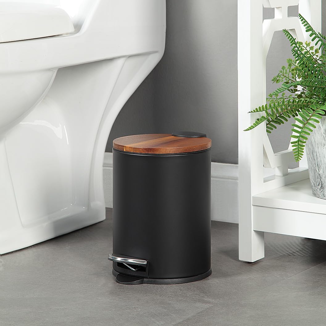 SunnyPoint 3L Mini Trash Can with Wooden Lid - Step Pedal & Slow-Close Small Garbage Bin for Bathroom, Office, Kitchen, RV - Removable Inner Bucket (Black) | Perfect for Small Spaces, Home Decor & Waste Management