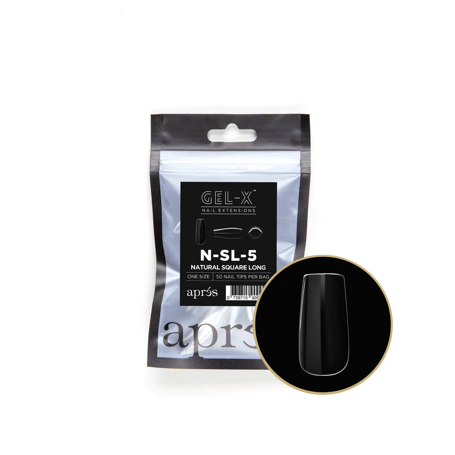 Apres Gel X Refill Bags - Natural Square Long Nail Tips Size 5 (50 Pieces) for Professional Salon & DIY Manicures at Home