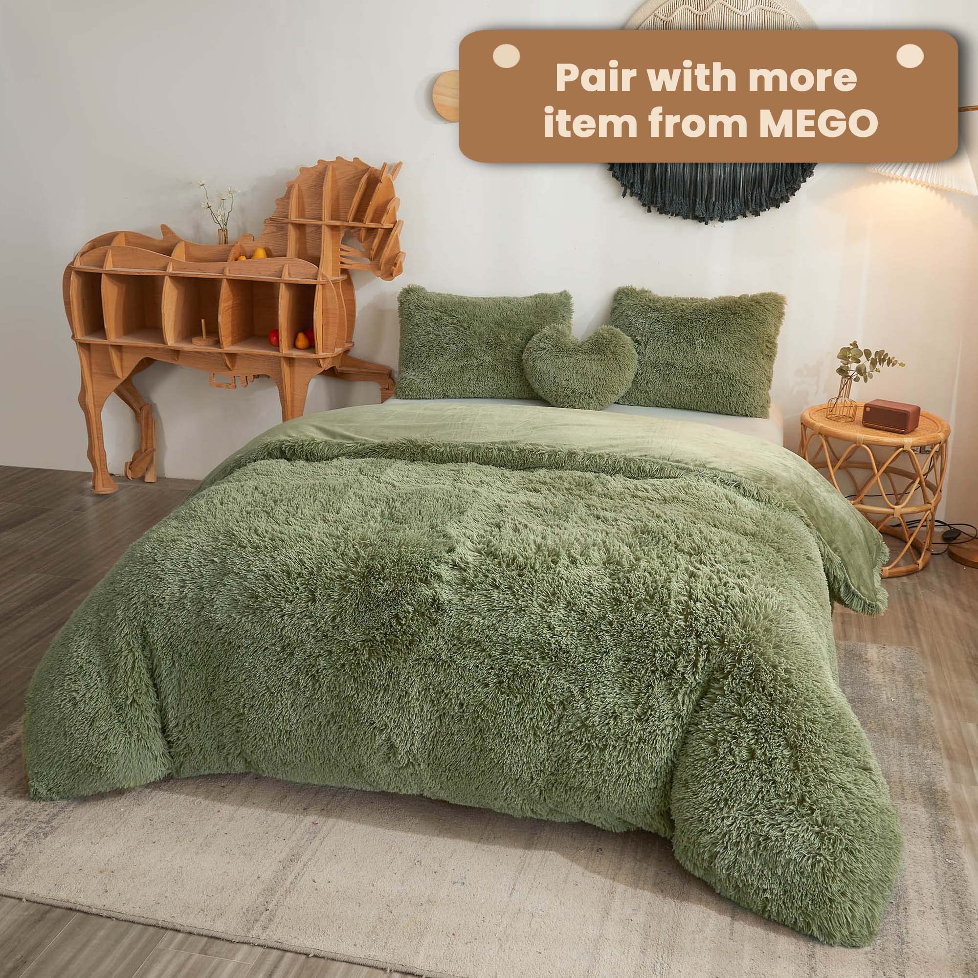 **MEGO Fluffy Body Pillow Cover 20x54 Inches - Soft Shaggy Faux Fur Pillow Case, Sage Green Plush Fuzzy Bed Pillow Cover with Zipper for Adults & Side Sleepers - Perfect for Lounging, Reading & Relaxing in Bed**
