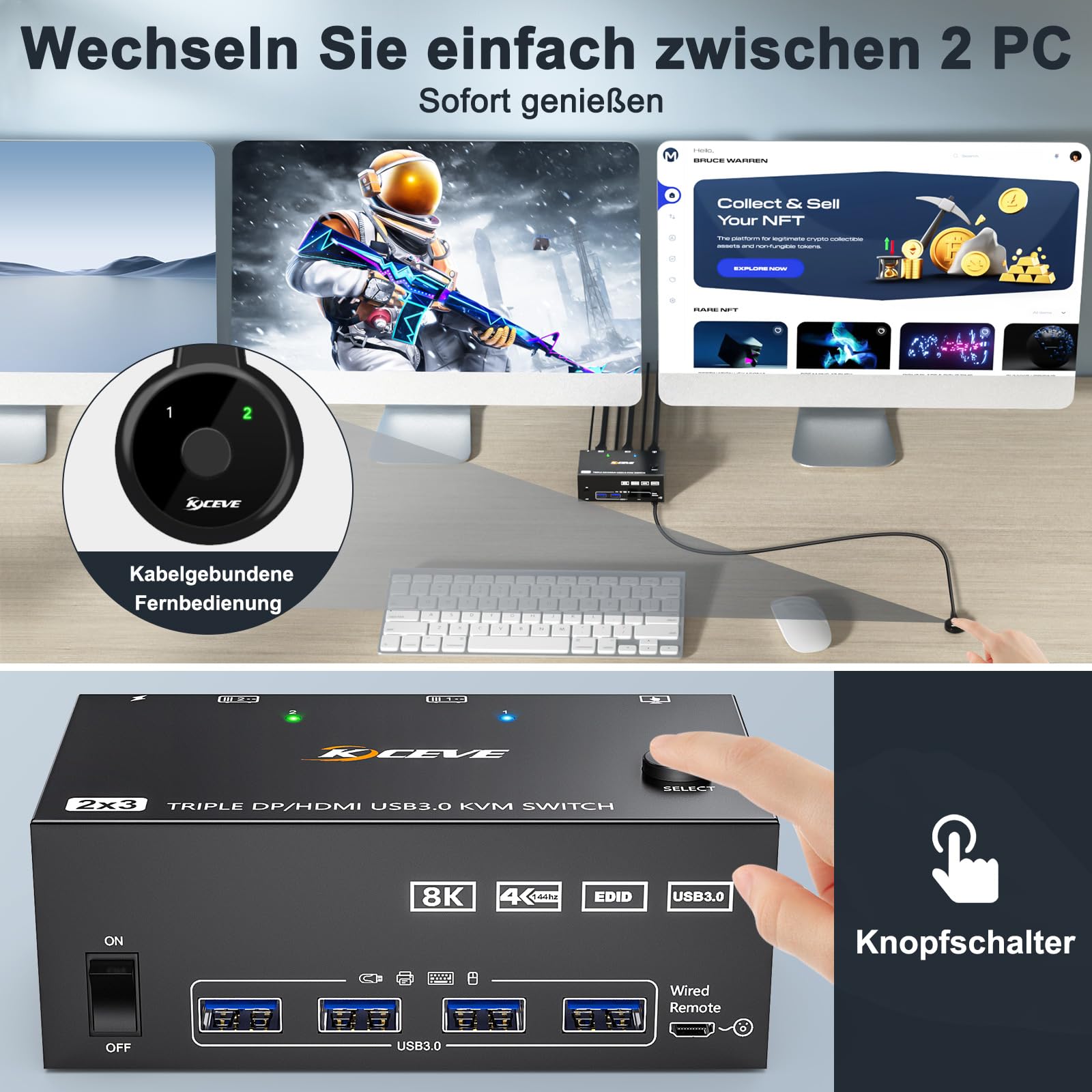 Premium 8K@60Hz 4K@144Hz Triple Monitor KVM Switch - 2 Computers to 3 Monitors with HDMI & Dual DisplayPort, USB 3.0 Hub, Wired Remote & 5 Cables - Perfect for Multi-Tasking, Gaming & Office Workstations
