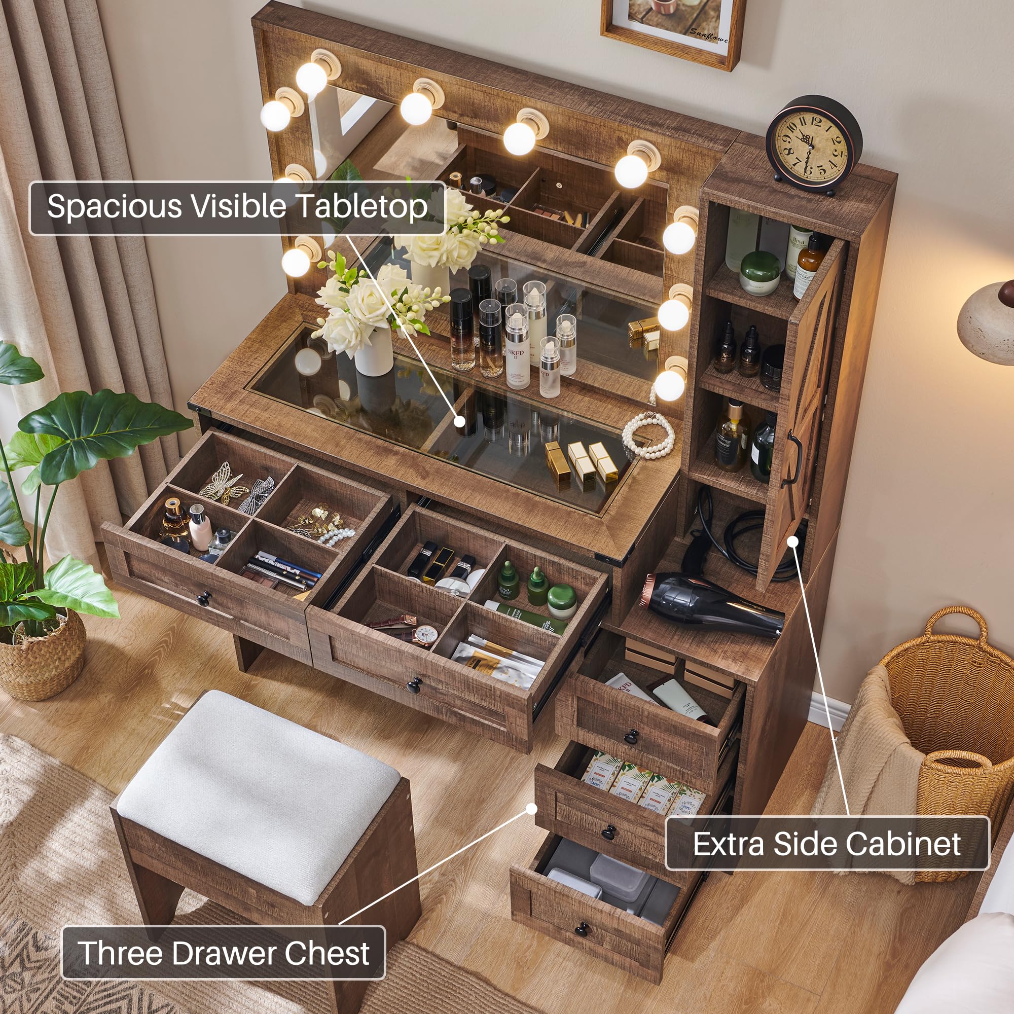 Farmhouse Vanity Makeup Desk with LED Mirror, USB Charging Station & Stool - 43