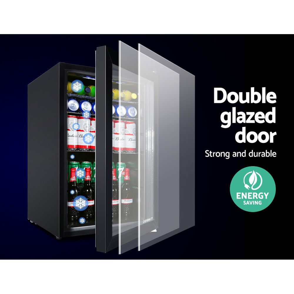 Devanti 70L Black Bar Fridge with Glass Door and Built-in Light - Perfect for Home, Office, or Commercial Use