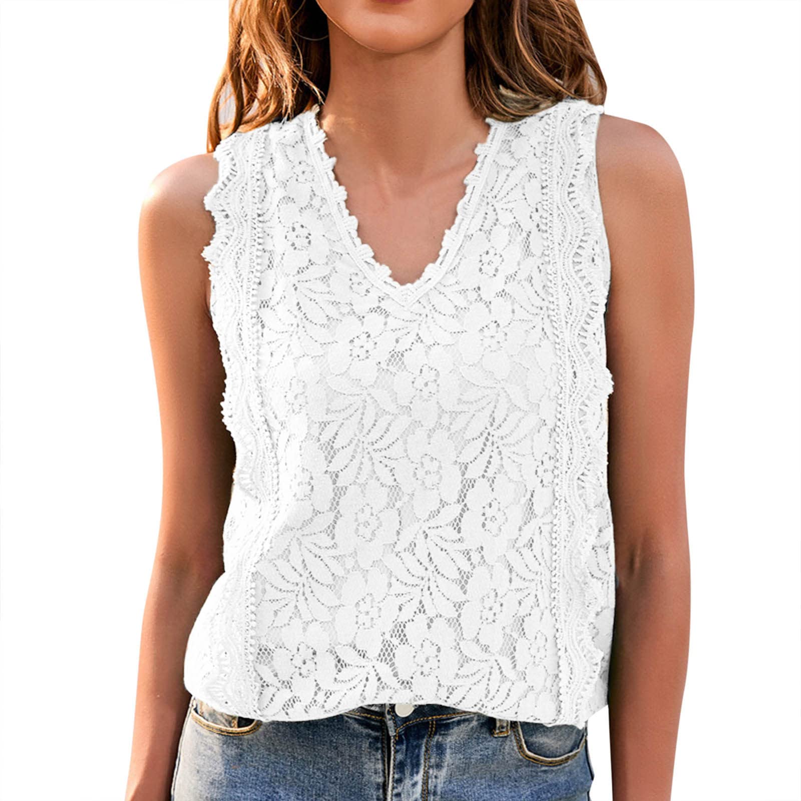 Women's Brown Lace V-Neck Tunic Tank Top - Casual Sleeveless Blouse for Summer, Beach, and Everyday Wear