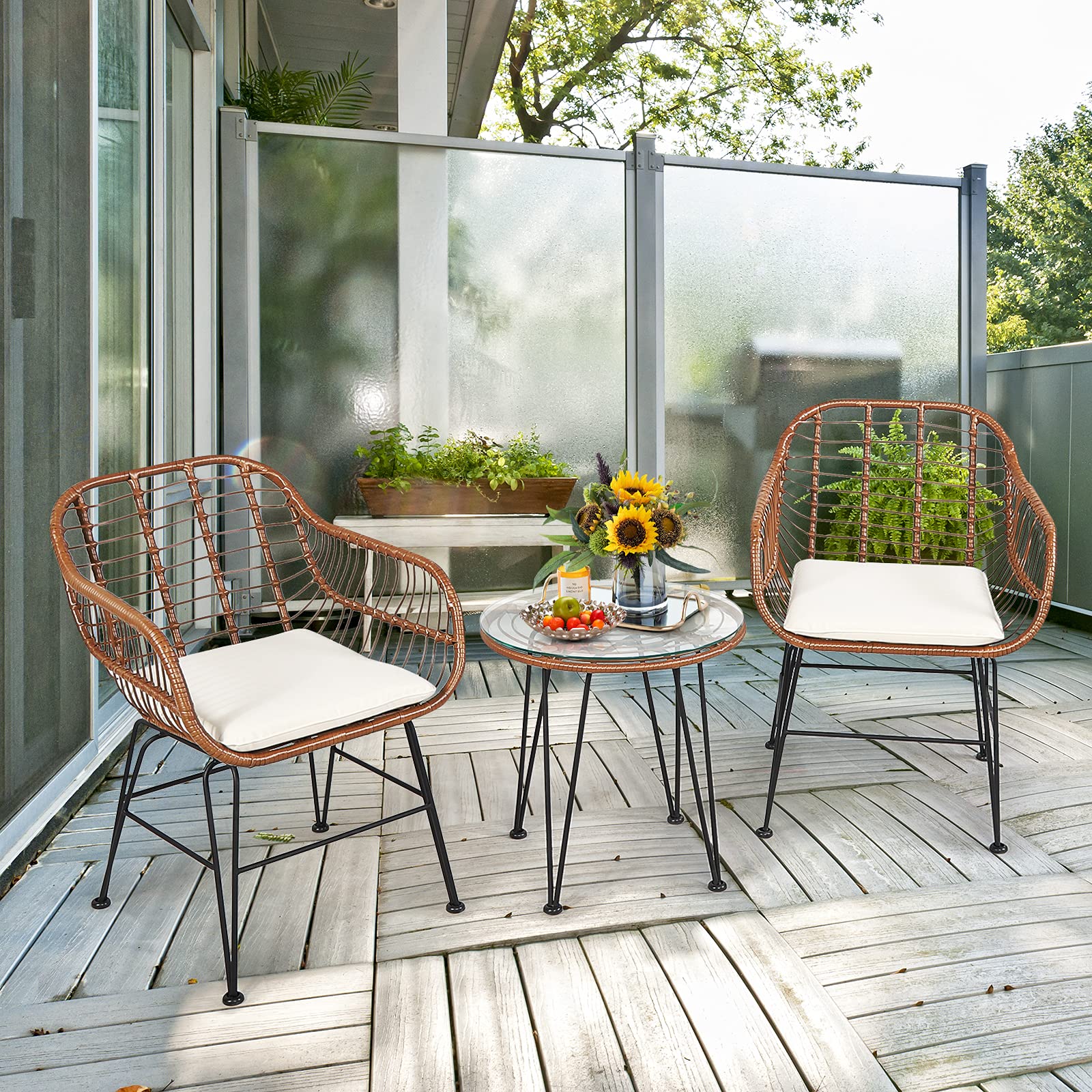 Tangkula 3-Piece Outdoor Patio Conversation Set with Round Glass Table & 2 Rattan Chairs - Wicker Bistro Furniture with Cushions for Porch, Backyard, Garden - Perfect for Relaxing, Entertaining & Outdoor Dining