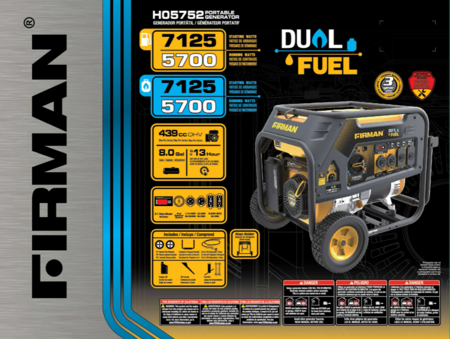 Firman H05752 5700W/7125W 30 Amp Recoil Start Dual Fuel Portable Generator - Gas & Propane Powered for Home Backup, Camping & Outdoor Power Supply