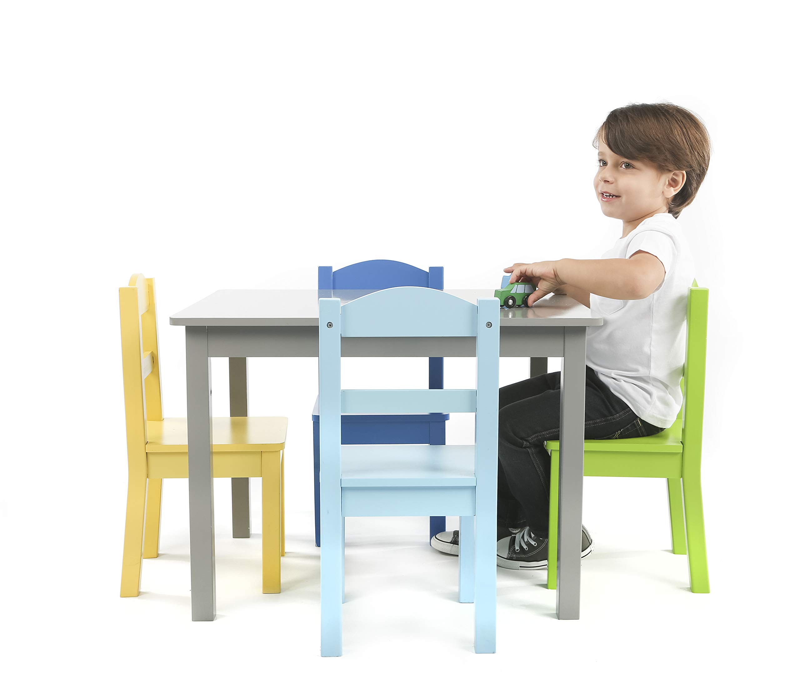 Humble Crew Extra-Large Kids Toy Storage Organizer with 16 Bins - Grey/Blue/Green/Yellow | Wooden Children's Table and 4 Chairs Set | Perfect for Playroom, Classroom & Daycare Organization