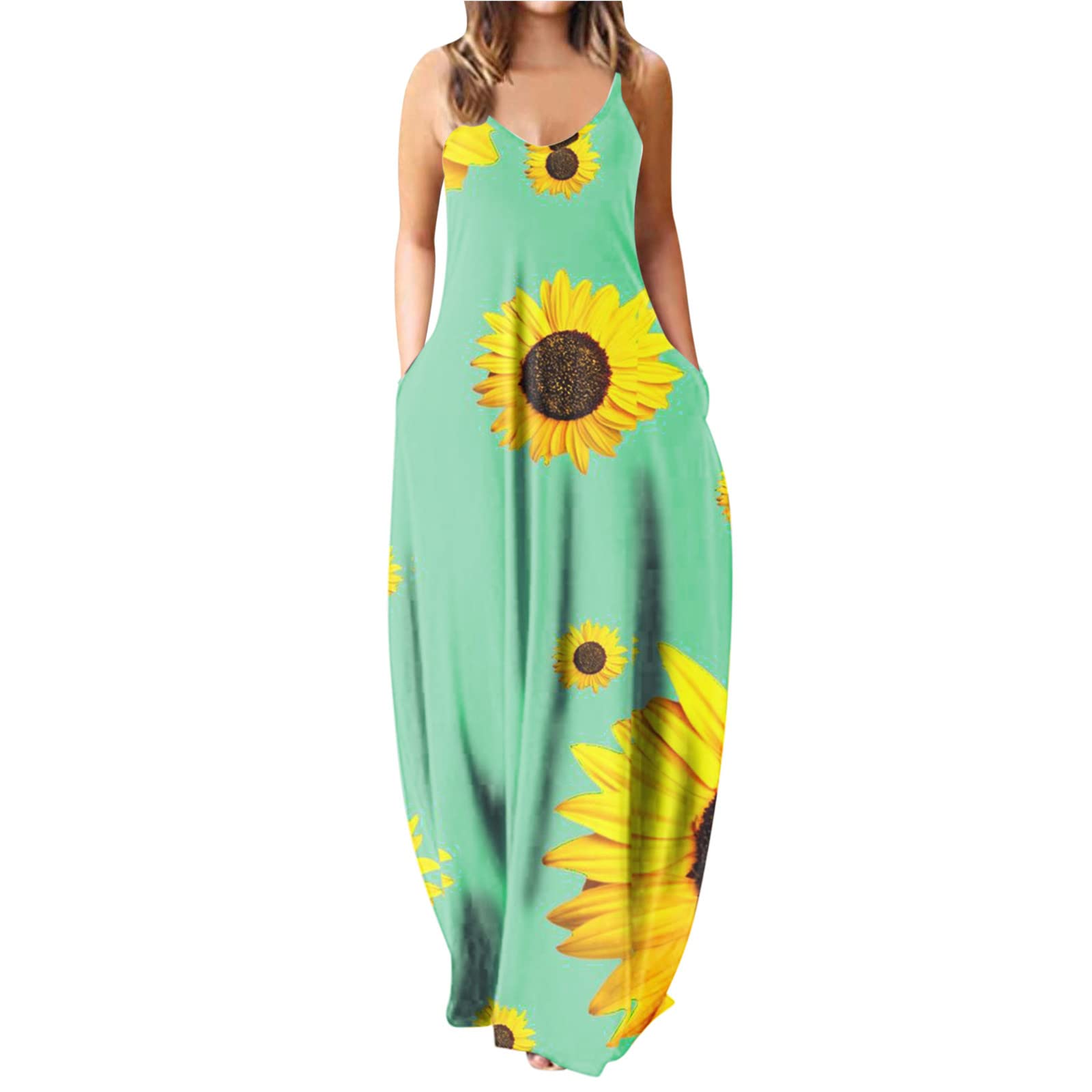 Plus Size Floral Gradient Print Sleeveless Maxi Dress for Women - Casual Loose Fit with Pockets - Perfect for Beach Vacations, Summer Outings and Boho Fashion