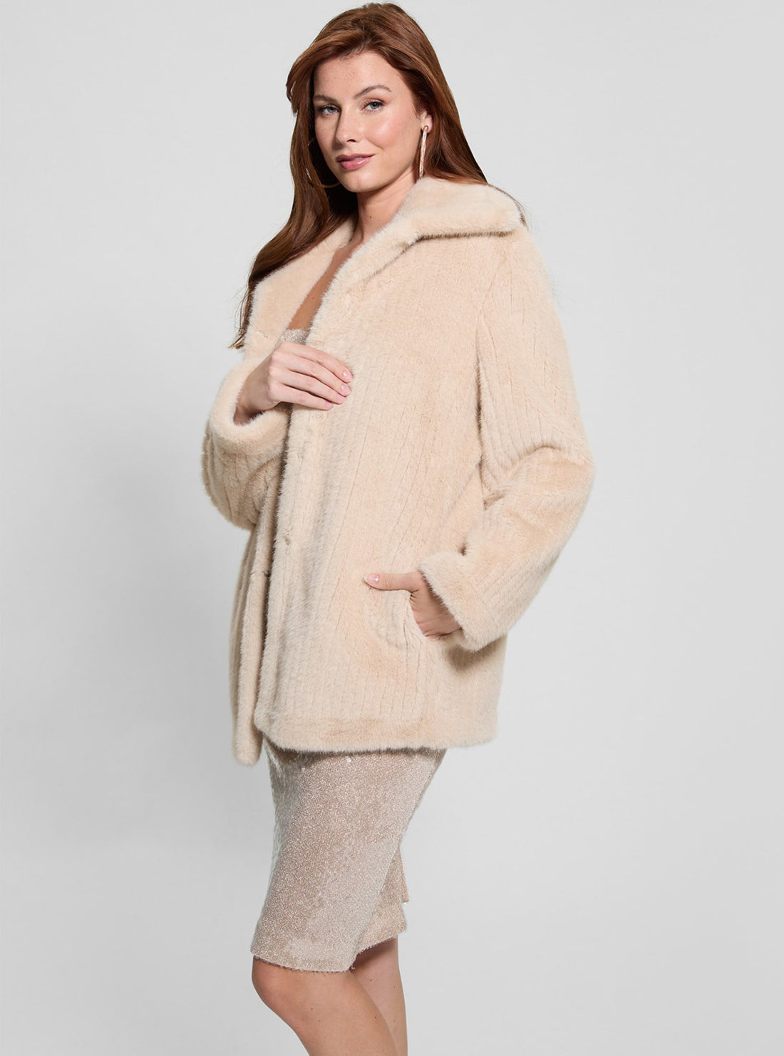 Beige Francesca Faux Fur Coat - Women's Winter Fashion Jacket | Warm & Stylish Outerwear for Cold Weather, Parties & Special Occasions
