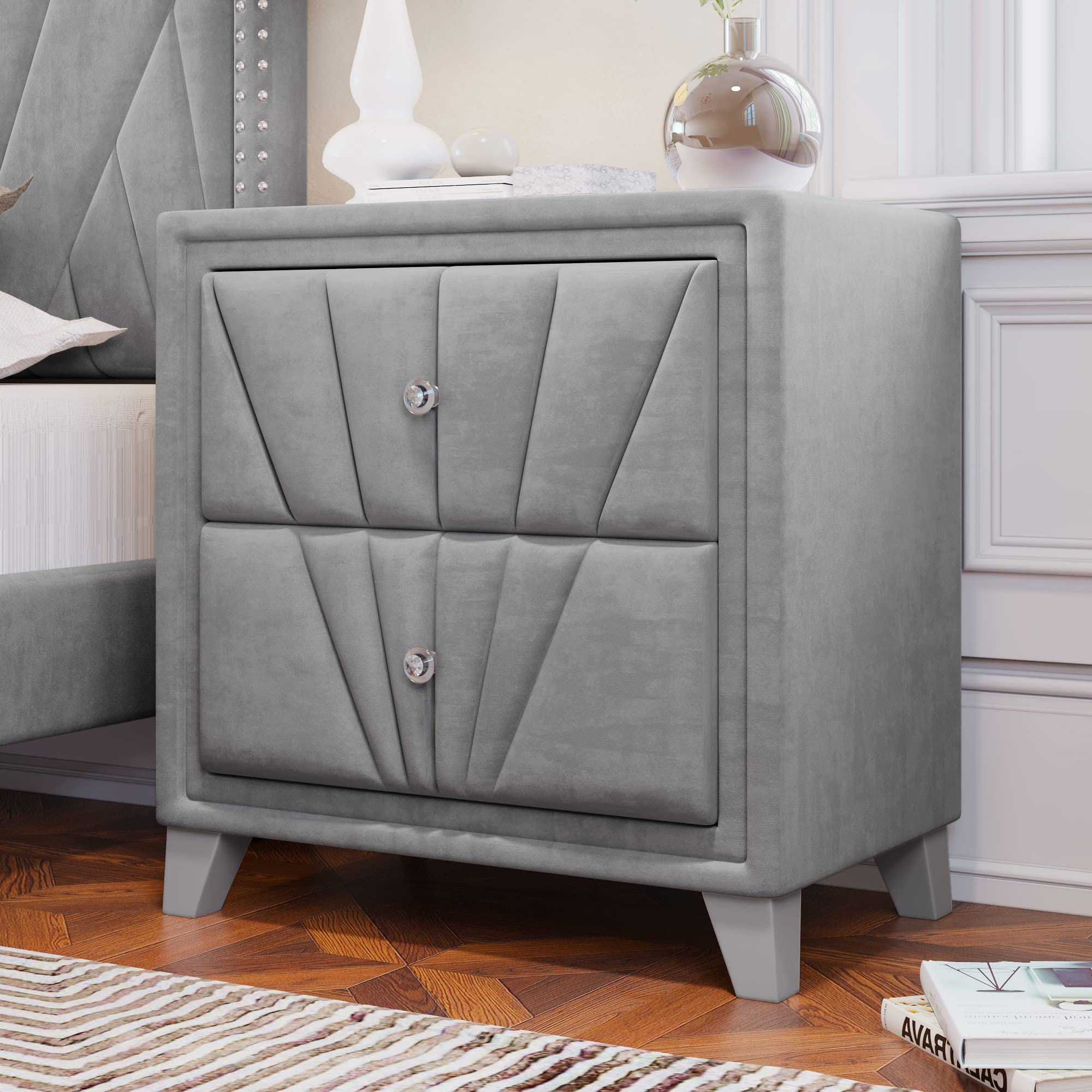 Modern Velvet Upholstered Nightstand with 2 Drawers - Gray Solid Wood Legs & Tempered Glass Top - Bedside Storage Cabinet for Bedroom, Living Room, Hallway - Perfect for Small Spaces & Apartment Decor (Gray Velvet)