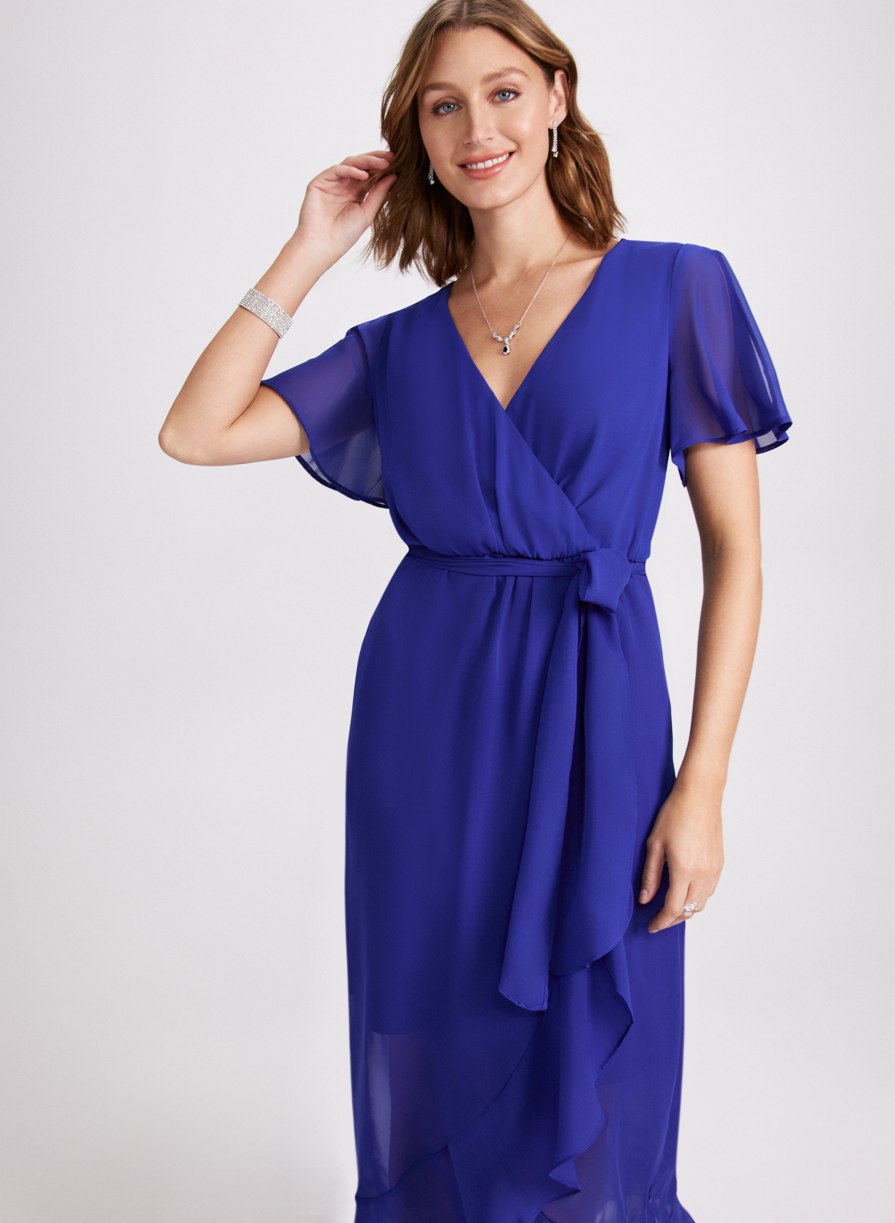 Flare Sleeve Wrap Over Dress for Women - Elegant V-Neck A-Line Midi Dress with Ruffle Sleeves for Date Night, Party & Special Occasions