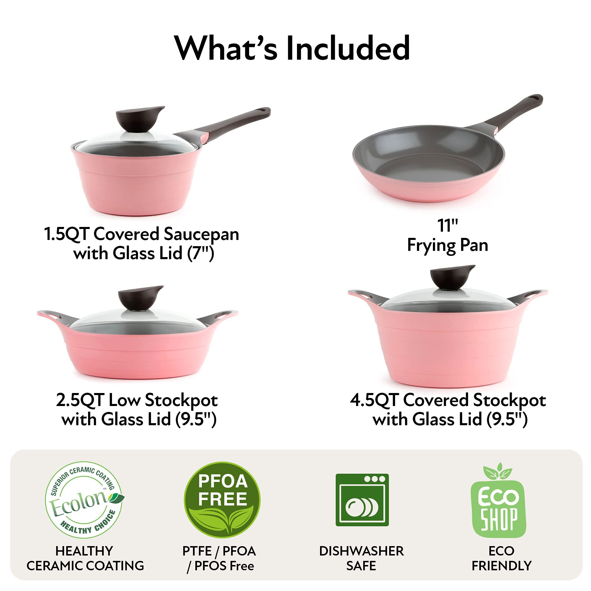 Neoflam Eela 7-Piece Ceramic Nonstick Cookware Set - Pink Pots & Pans with Glass Lids & Silicone Handle Holder | Saucepan, Frying Pan, Casserole Stockpot | Healthy Cooking for Family Meals & Entertaining