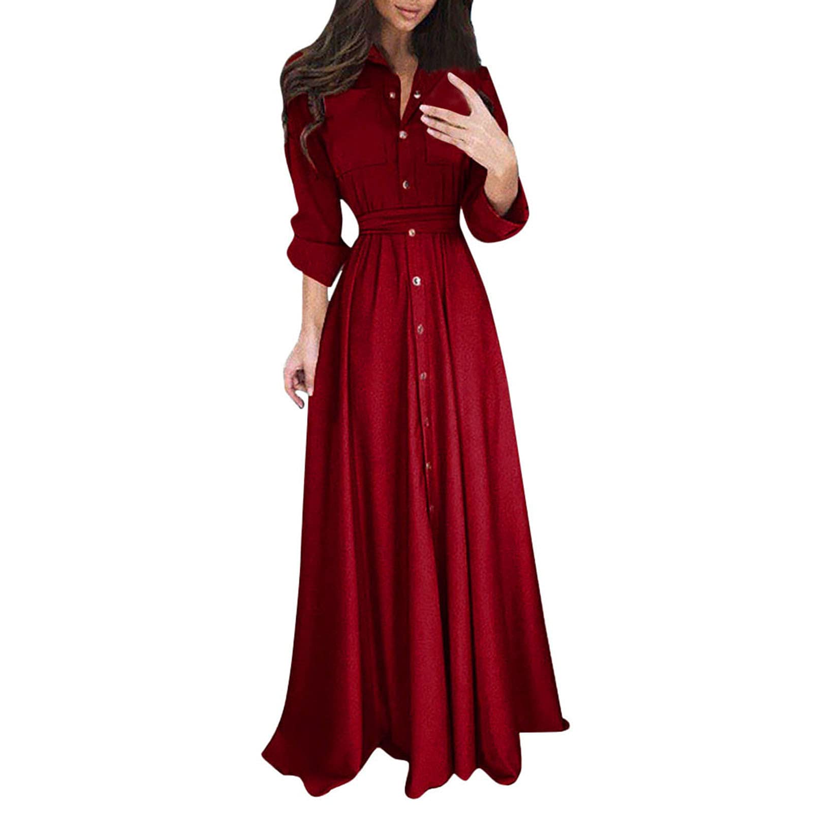 Elegant Women's Maxi Dress - Button Up Long Sleeve V Neck Shirt Dress with Belt for Fall & Winter | Perfect for Party, Cocktail, Office & Casual Wear