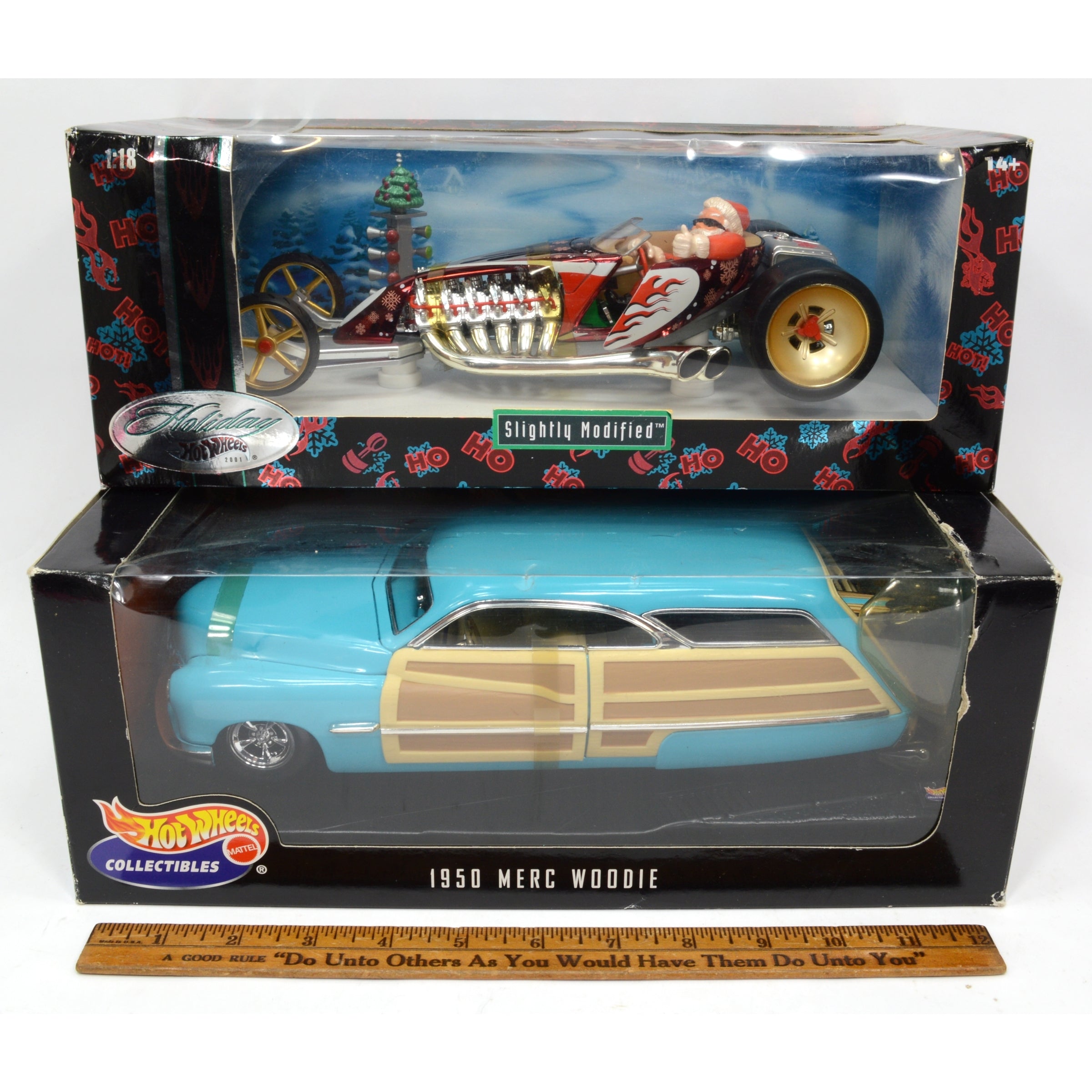 Lot of 2 Hot Wheels Diecast Cars 1:18 Scale - Santa Slightly Modified & Mercedes Woodie - Collectible Toy Cars for Display, Gifts, and Racing Fun