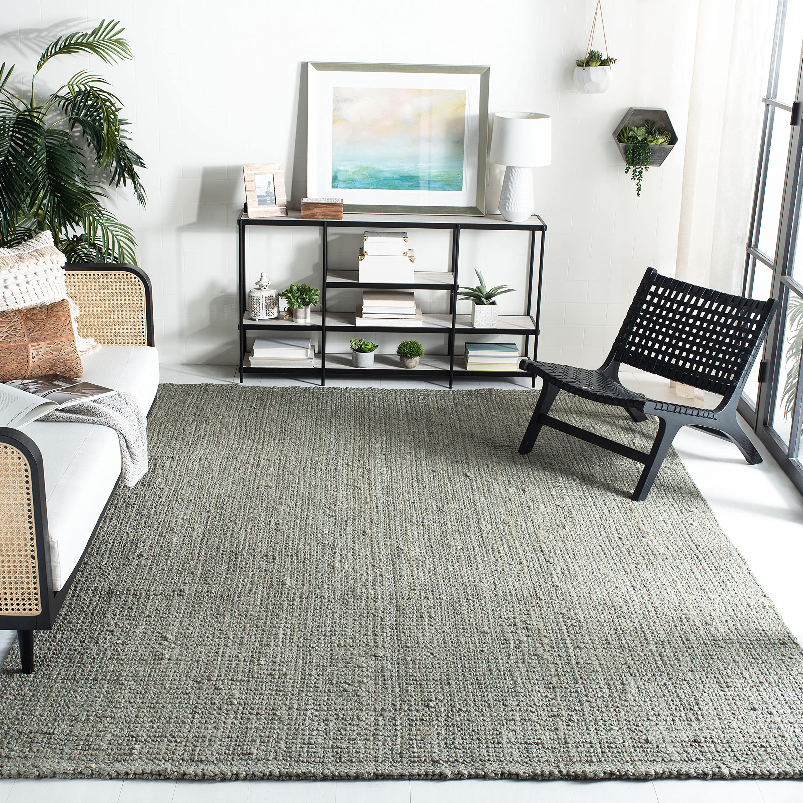 SAFAVIEH Natural Fiber Collection 7' Square Green & Grey NF730B Handmade Jute Area Rug - Farmhouse Style, Eco-Friendly Floor Covering for Living Room, Bedroom or Dining Area