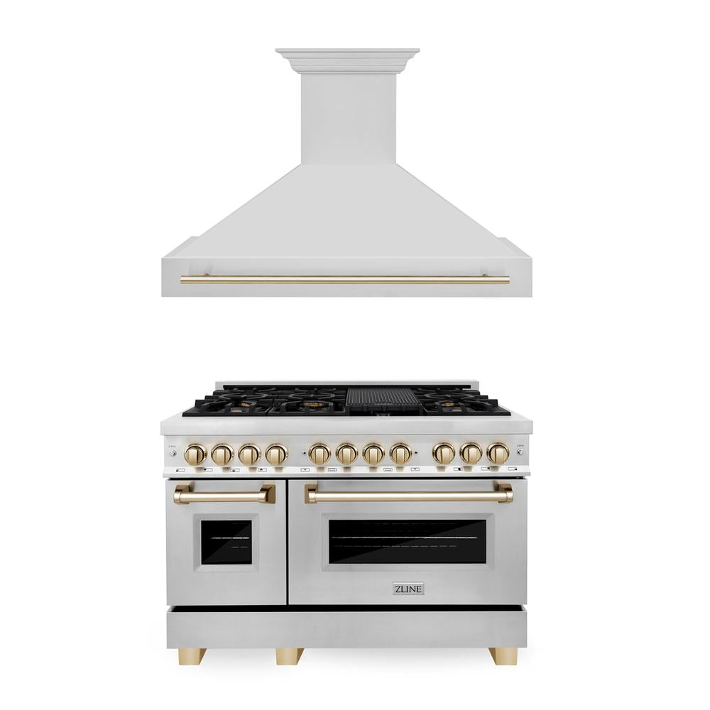 ZLINE Autograph Edition 48-inch Stainless Steel Dual Fuel Range & Range Hood Kitchen Package with Polished Gold Accents - Premium Cooking Appliance for Gourmet Chefs & Home Kitchens (2AKP RARH48 G)