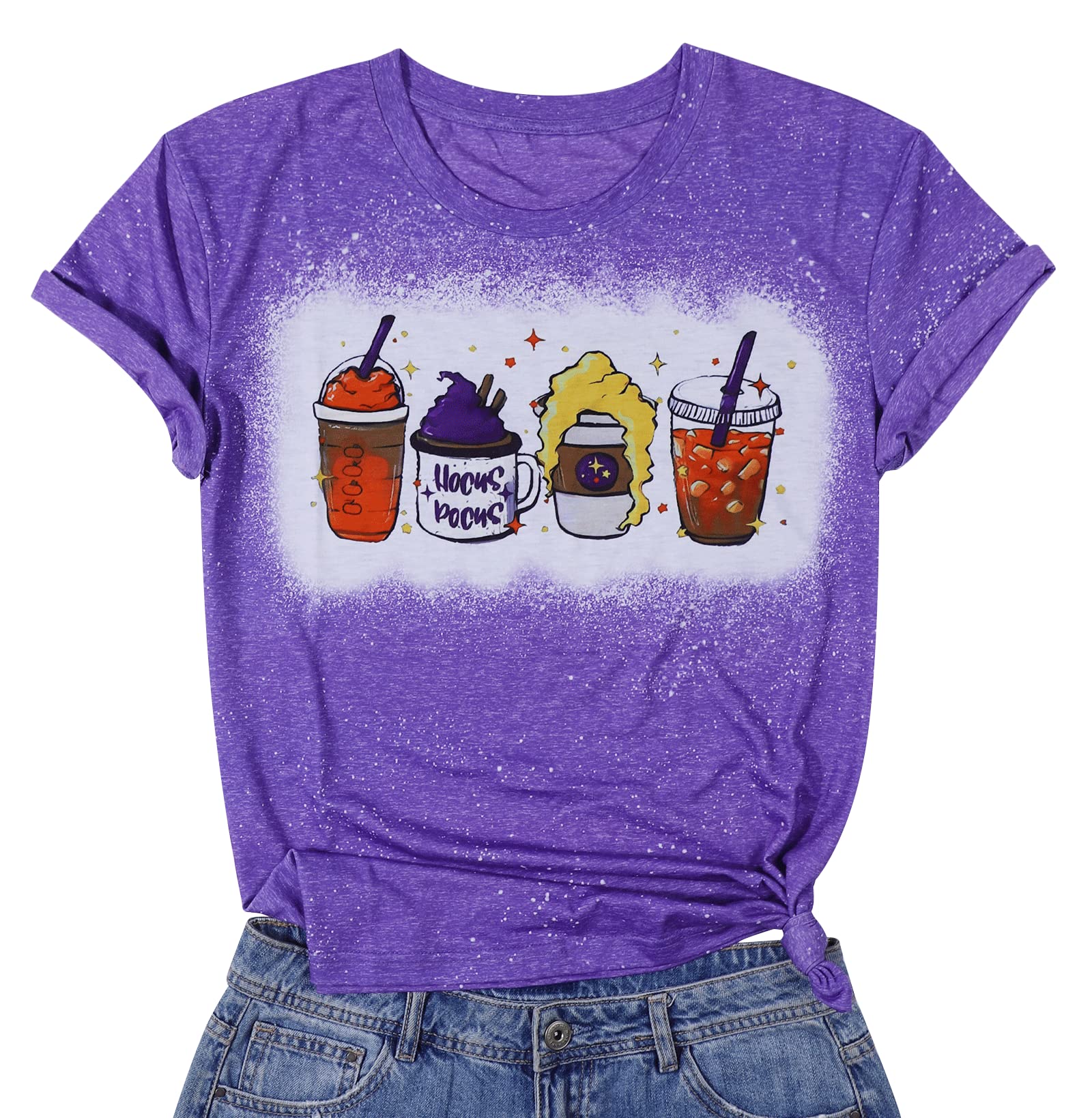 Women's Halloween T-Shirt - Hocus Pocus Letter Print with Pumpkin Spice Latte Cup Graphic | Short Sleeve Halloween Tee for Costume Parties & Fall Festivals